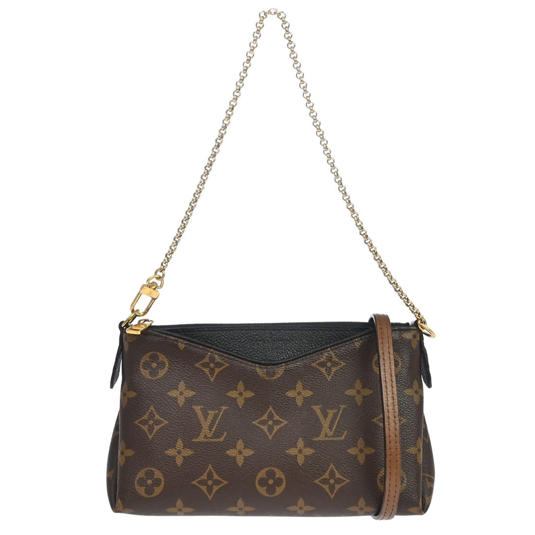 Louis Vuitton Pallas Monogram Canvas Clutch with Strap M41639: Louis Vuitton Pallas Monogram Canvas Clutch with Strap M41639 Vintage Louis Vuitton Pallas clutch handbag in brown monogram canvas with leather trim. This small pouch-style bag features a zip closure,