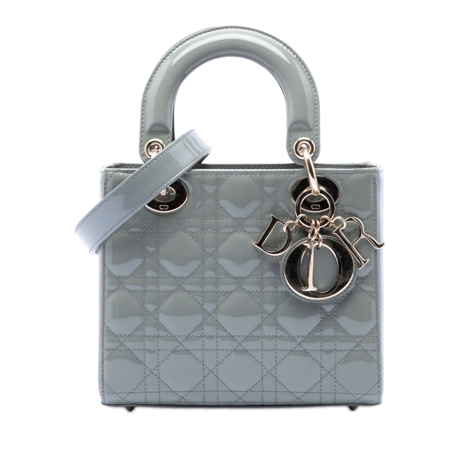 Dior Lady Dior Small Gray Patent Leather Cannage Handbag: Dior Lady Dior Small Gray Patent Leather Cannage Handbag Small Lady Dior handbag in gray patent leather with the Cannage quilted design. It features flat top handles, a detachable flat leather strap, 