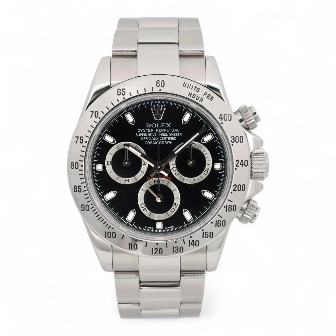 Rolex Daytona 116520 Black Dial Stainless Steel Automatic Chronograph 40mm Watch: Rolex Daytona 116520 Black Dial Stainless Steel Automatic Chronograph 40mm Watch This Rolex Daytona Cosmograph 116520 is a pre-owned luxury wristwatch featuring a 40mm polished stainless steel case an