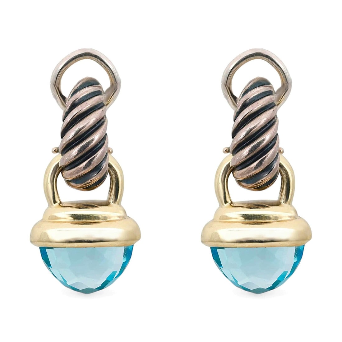 Sterling Silver and 14K Gold Blue Topaz Drop Earrings by David Yurman: Sterling Silver and 14K Gold Blue Topaz Drop Earrings by David Yurman These elegant David Yurman drop earrings feature faceted blue topaz gemstones set in a combination of 925 sterling silver and 14k 