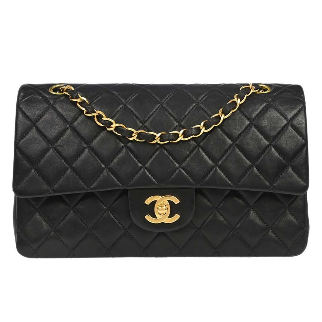 CHANEL Classic Double Flap Medium Lambskin Shoulder Bag Black: CHANEL Classic Double Flap Medium Lambskin Shoulder Bag Black Chanel Medium Classic Double Flap shoulder bag in black lambskin leather with a turn-lock closure and shoulder strap. This women's bag fea