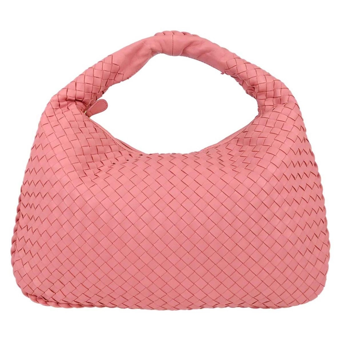 Bottega Veneta Intrecciato pink lambskin hobo bag with top handle: Bottega Veneta Intrecciato pink lambskin hobo bag with top handle Bottega Veneta Intrecciato hobo handbag in pink lambskin leather with a top handle and gray lining. This medium handbag features the s