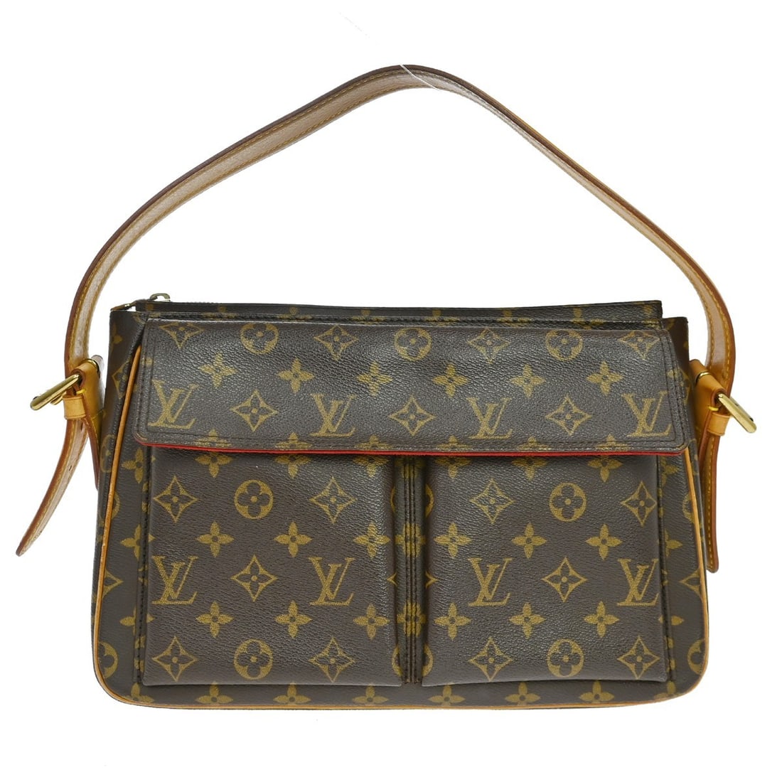 Louis Vuitton Viva Cite GM Monogram Canvas Shoulder Bag M51163: Louis Vuitton Viva Cite GM Monogram Canvas Shoulder Bag M51163 Vintage Louis Vuitton Viva Cite GM handbag in brown Monogram canvas with leather trim and a red Alcantara lining. This shoulder bag featu