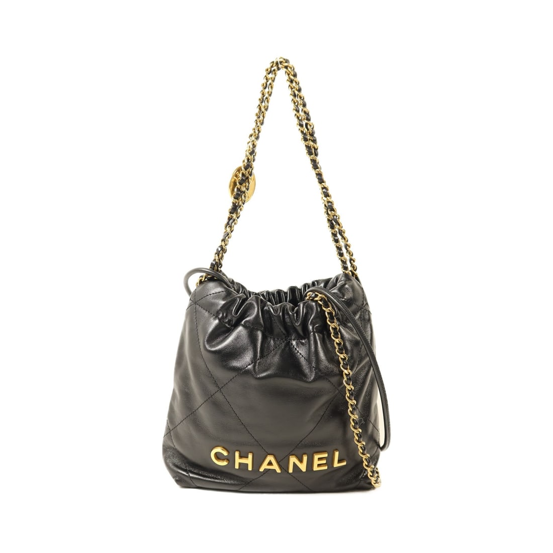 Chanel Mini C22 Black Calfskin Chain Shoulder Bag with Gold Hardware: Chanel Mini C22 Black Calfskin Chain Shoulder Bag with Gold Hardware This CHANEL Mini C22 chain shoulder bag features luxurious black calfskin leather and elegant gold-tone hardware, showcasing the ic