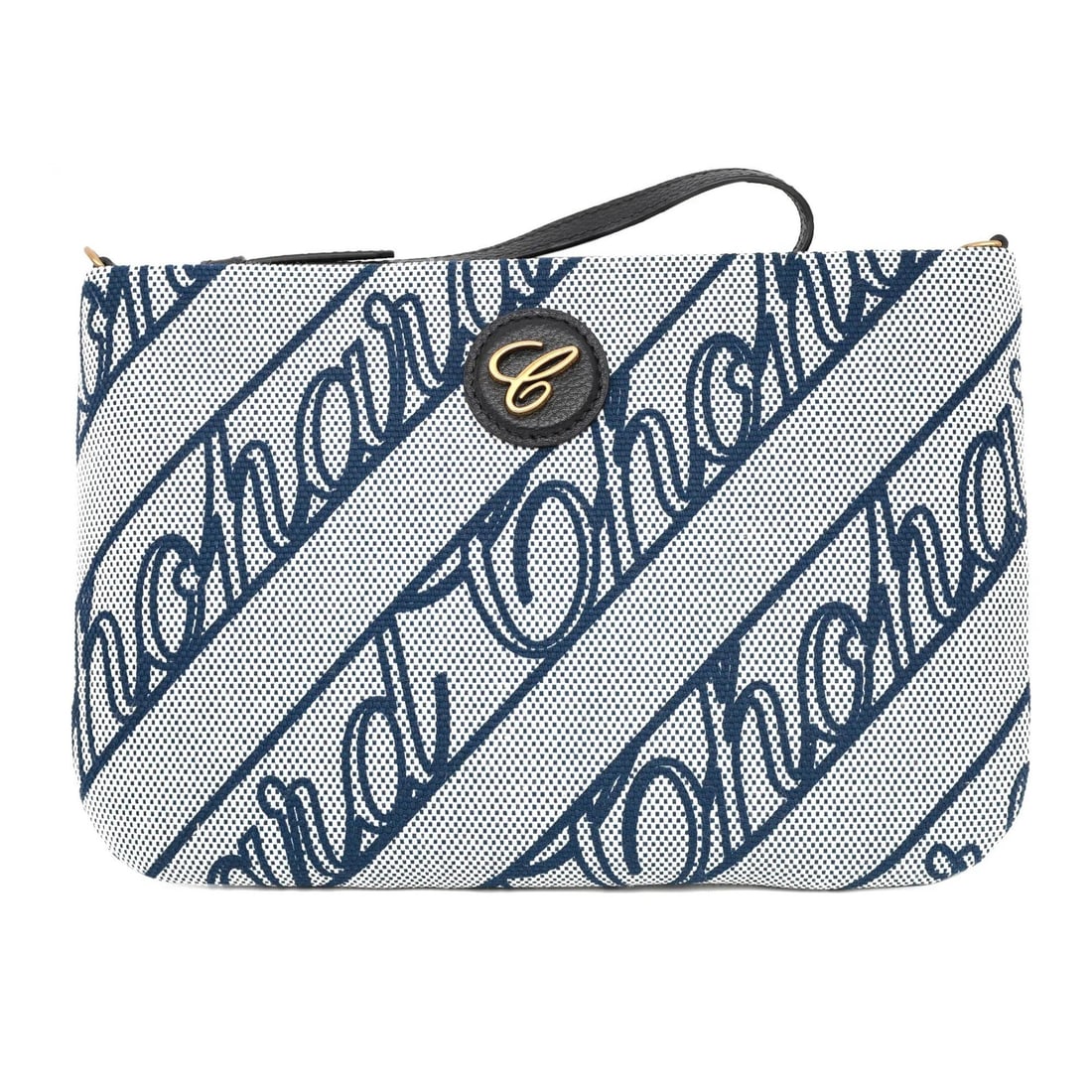 Chopardissimo Mini blue organic cotton pouch with chain strap: Chopardissimo Mini blue organic cotton pouch with chain strap This Chopard Chopardissimo Mini Pouch is crafted from blue organic cotton with a sky-blue background, featuring a slim, delicately curved 