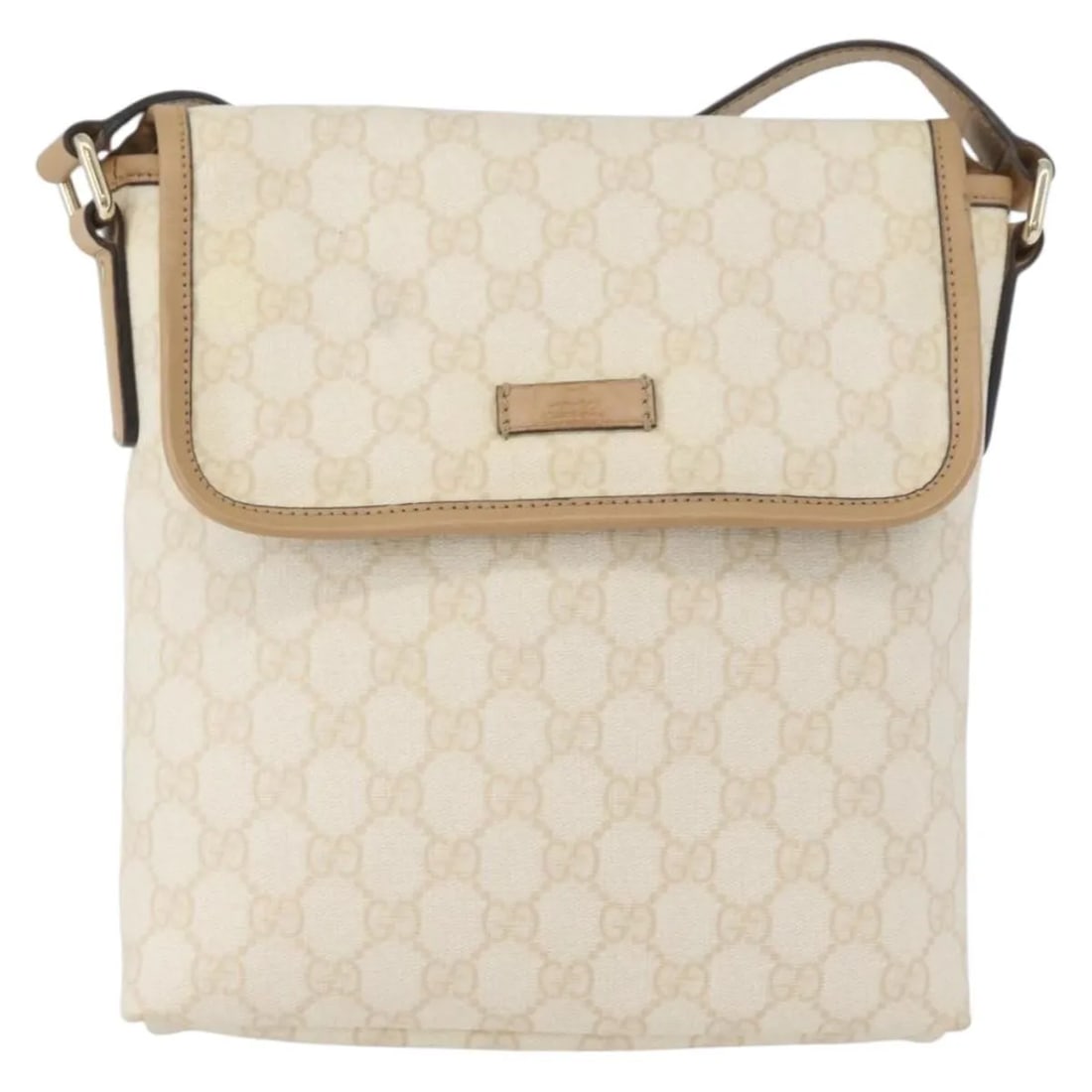 Beige GG Canvas Flap Messenger Bag by Gucci for Women: Beige GG Canvas Flap Messenger Bag by Gucci for Women This Gucci Flap Messenger bag features the iconic GG coated canvas in beige, designed for women. The bag shows surface stains and slight rubbing o