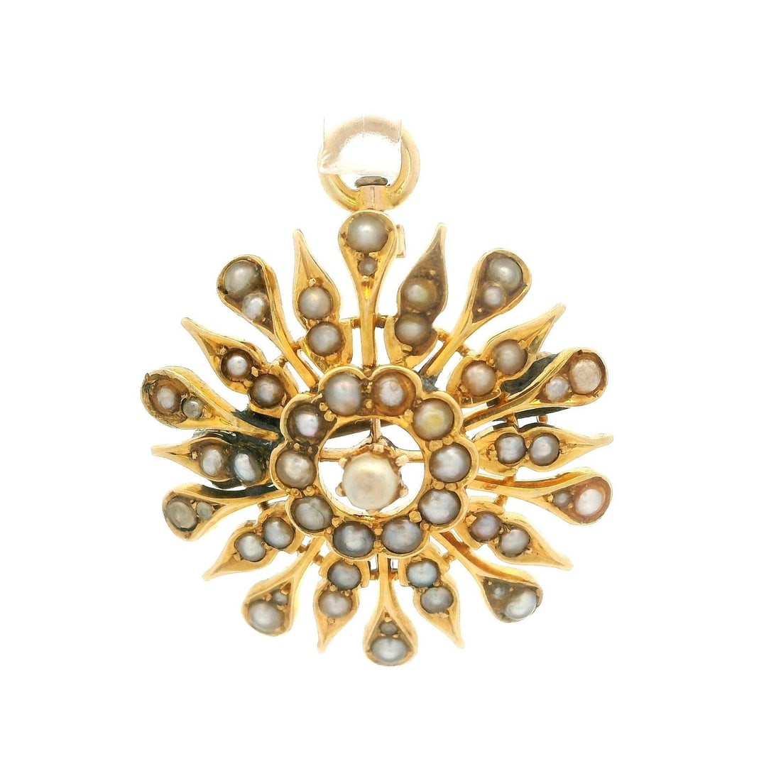 Antique Victorian 14k Yellow Gold Seed Pearl Burst Brooch Pendant: Antique Victorian 14k Yellow Gold Seed Pearl Burst Brooch Pendant This exquisite Antique Victorian 14k Yellow Gold Seed Pearl Burst Pin Brooch Pendant showcases a stunning design adorned with numerous