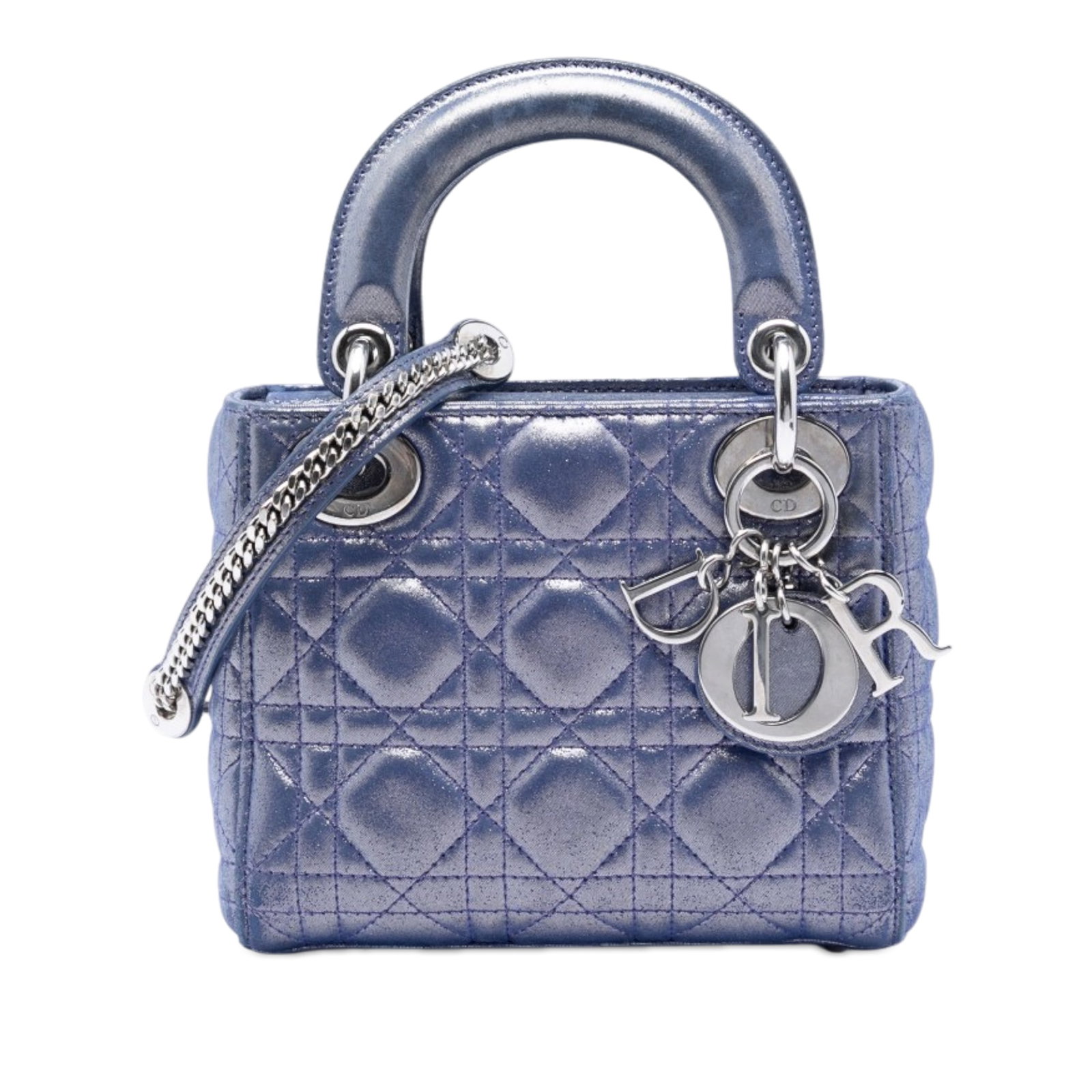 Dior Mini Cannage Lady Dior Iridescent Lambskin Bag: Dior Mini Cannage Lady Dior Iridescent Lambskin Bag This Lady Dior bag features an iridescent quilted lambskin leather exterior in blue, complemented by flat leather top handles and a detachable chain