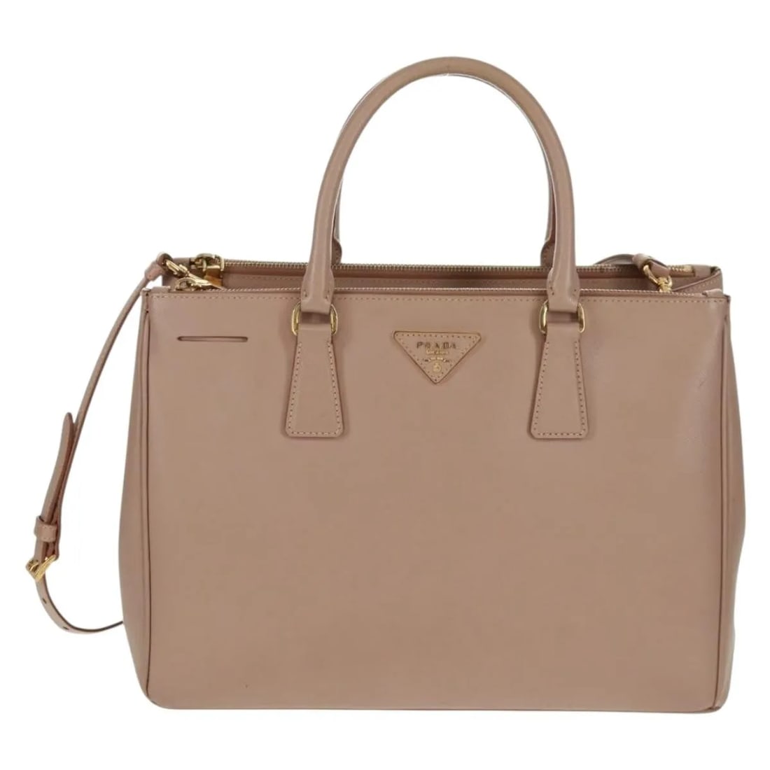 Prada Double Zip Lux Pink Saffiano Leather Tote Bag: Prada Double Zip Lux Pink Saffiano Leather Tote Bag This Prada Double Zip Lux Tote is crafted from pink Saffiano leather, designed for women. The tote features dual zip compartments and includes a sho
