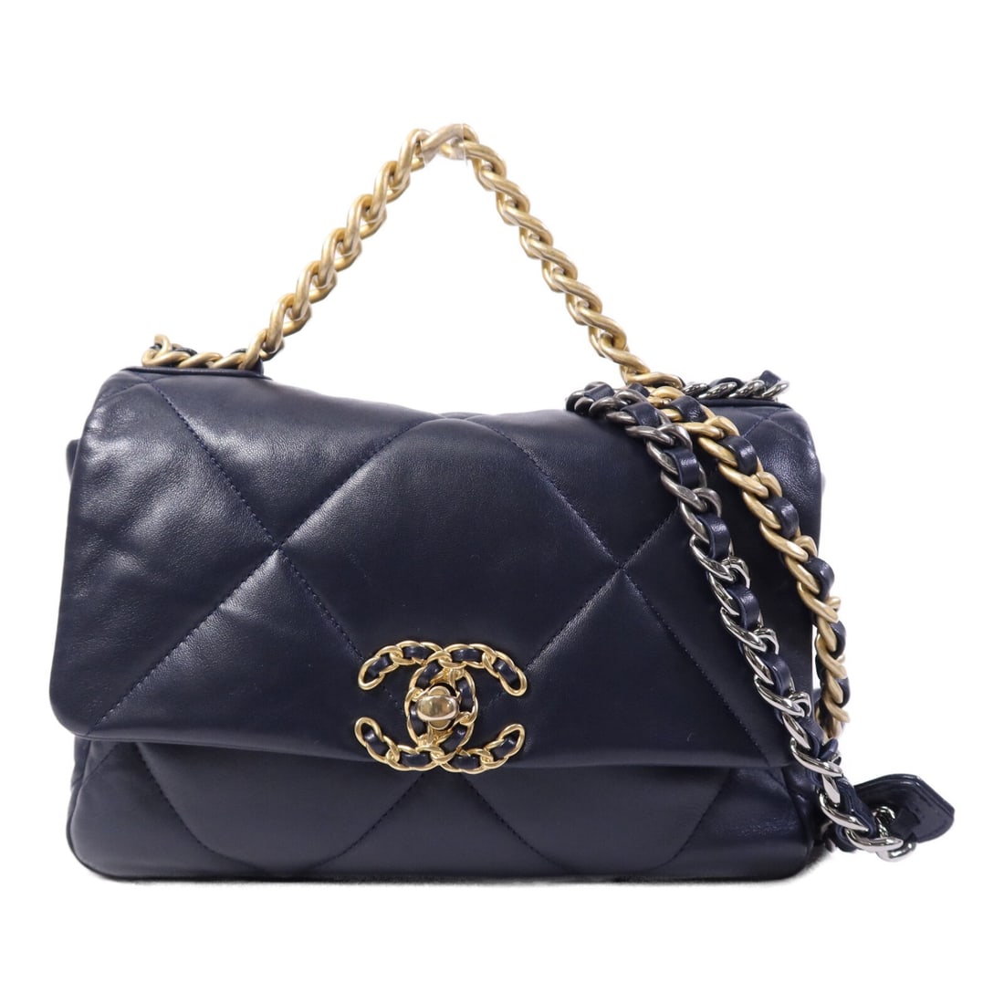 CHANEL Small Navy Lambskin CC 19 Two Way Shoulder Bag AS1160: CHANEL Small Navy Lambskin CC 19 Two Way Shoulder Bag AS1160 This CHANEL 19 Small 2-way shoulder bag is crafted from luxurious navy lambskin leather, offering both style and versatility. Designed for 