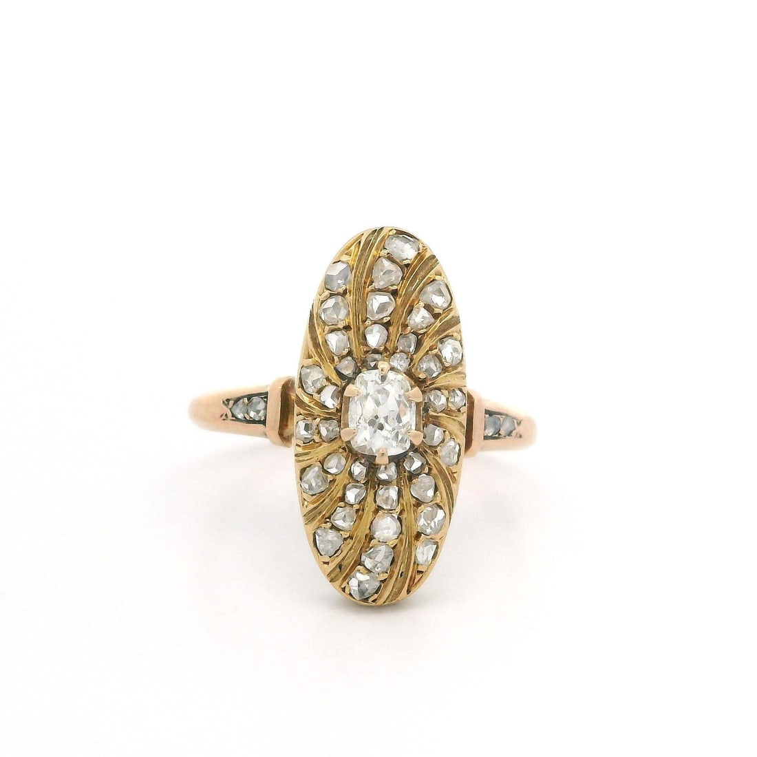 Antique Victorian 0.75ct Gold Diamond Oval Swirl Ring: Antique Victorian 0.75ct Gold Diamond Oval Swirl Ring This exquisite Antique Victorian Solid Gold Old Mine Rose Cut Diamond Oval Swirl Platter Ring features a stunning design perfect for cocktail occa