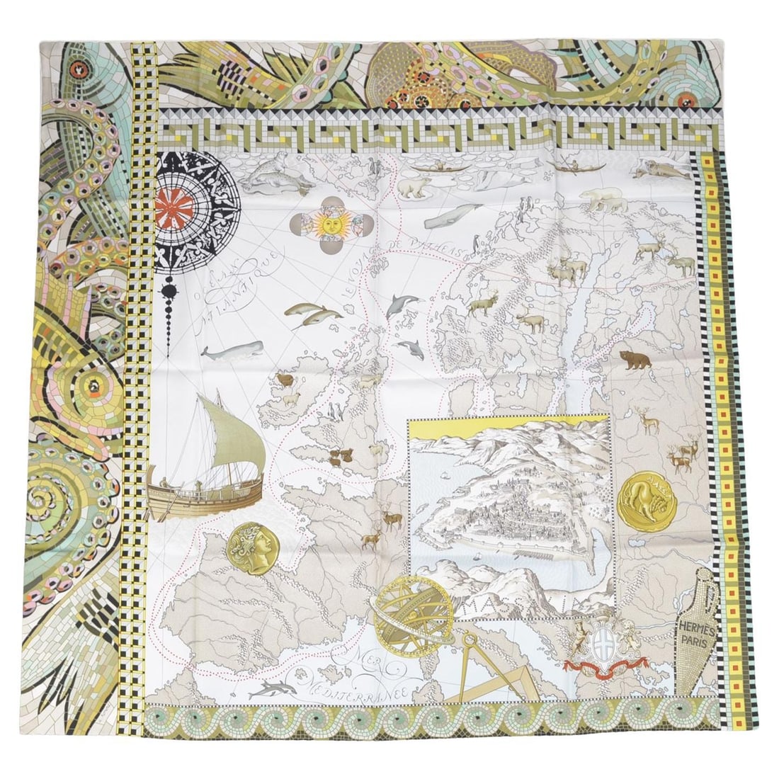 Hermes Le Voyage de Pytheas 100% Silk Scarf: Hermes Le Voyage de Pytheas 100% Silk Scarf This Hermes "Le Voyage de Pytheas" scarf is crafted from 100% silk and features hand-rolled edges. Designed by Aline Honore, the scarf showcases exquisite c