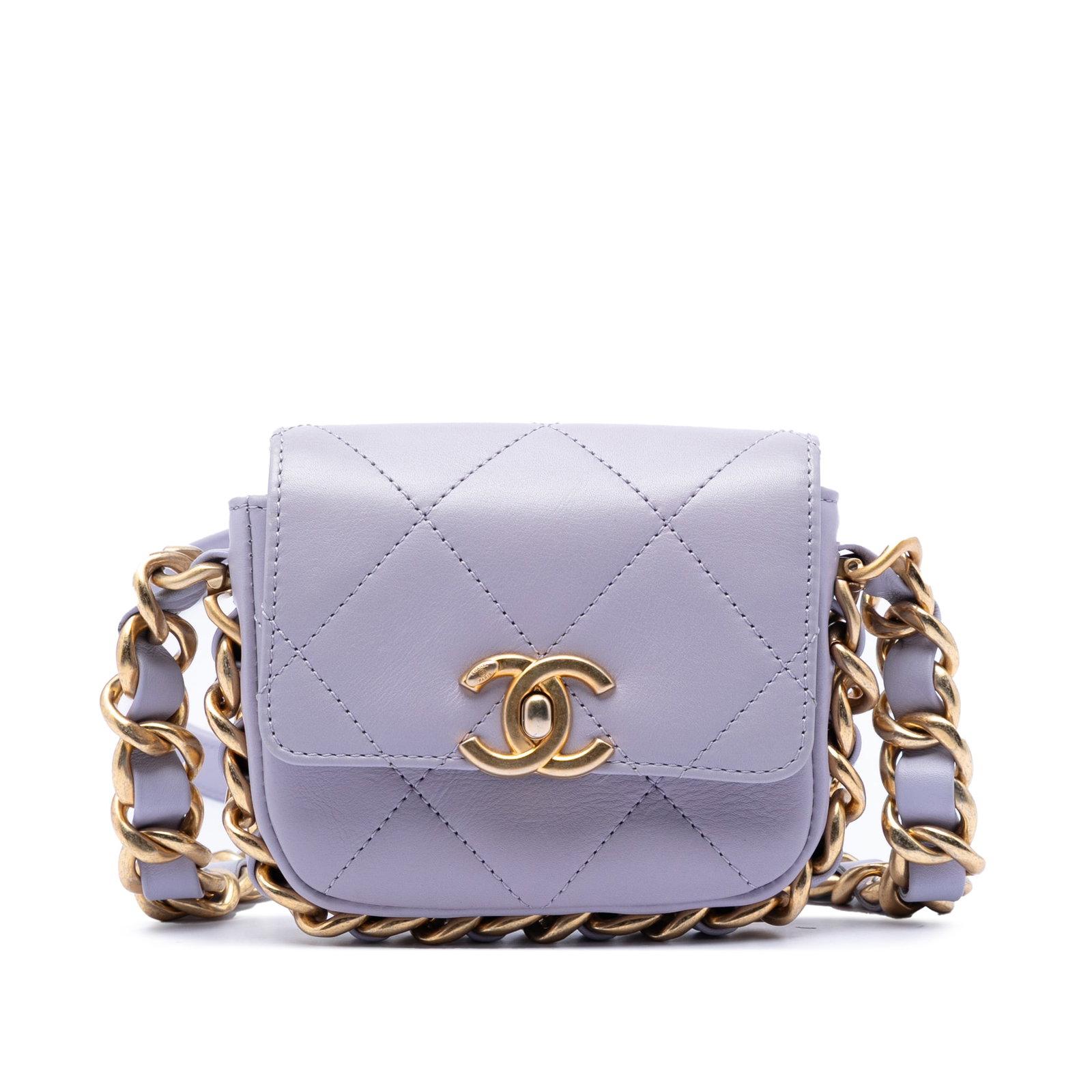 Chanel purple quilted calfskin mini chain flap bag: Chanel purple quilted calfskin mini chain flap bag This Chanel Mini Quilted Calfskin Framing Chain Flap bag is crafted in purple quilted leather and features a leather-woven chain strap, a front flap 
