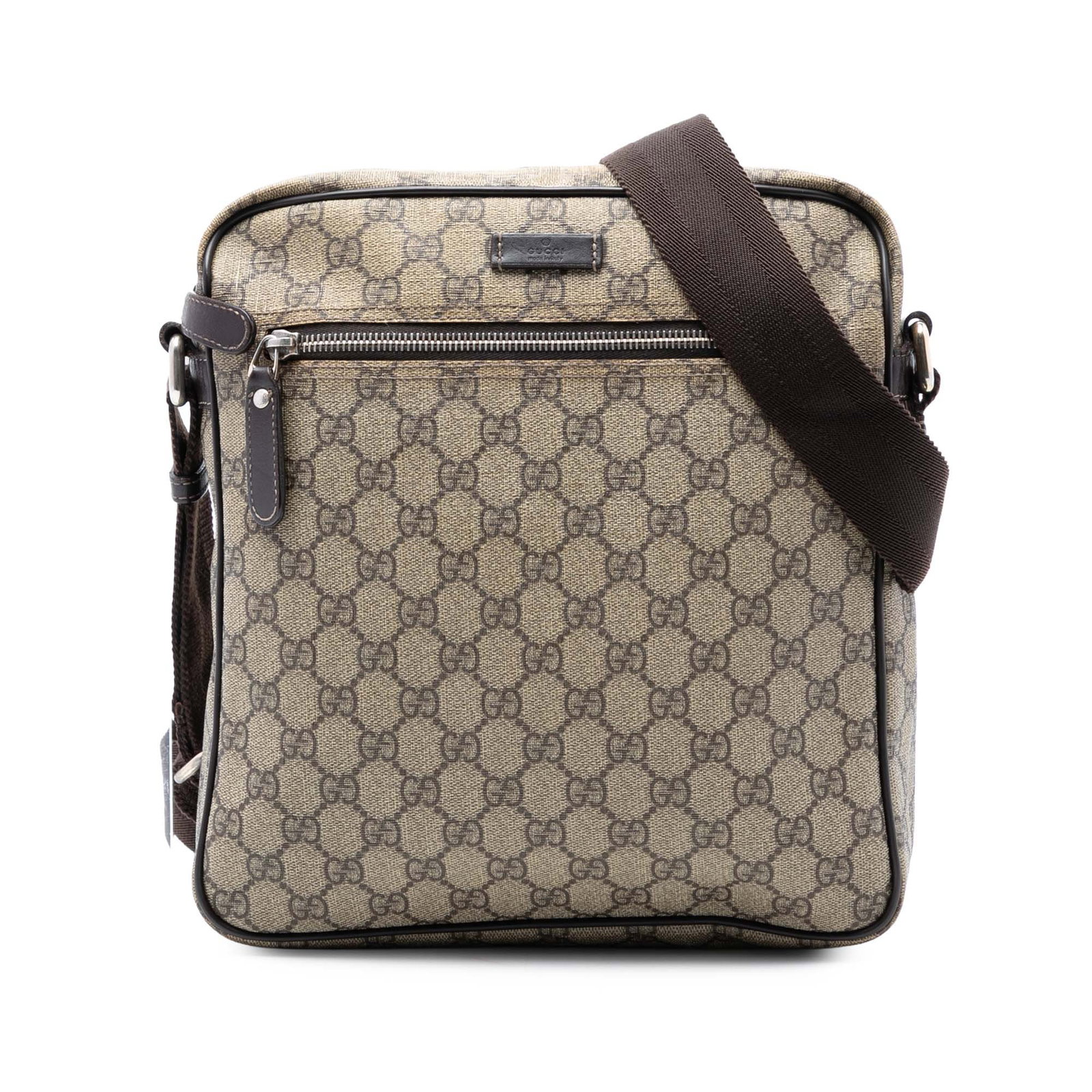 Gucci GG Supreme beige coated canvas crossbody bag: Gucci GG Supreme beige coated canvas crossbody bag This Gucci GG Supreme Crossbody bag showcases a beige coated canvas body with leather trim, complemented by a flat strap for comfortable wear. It fea