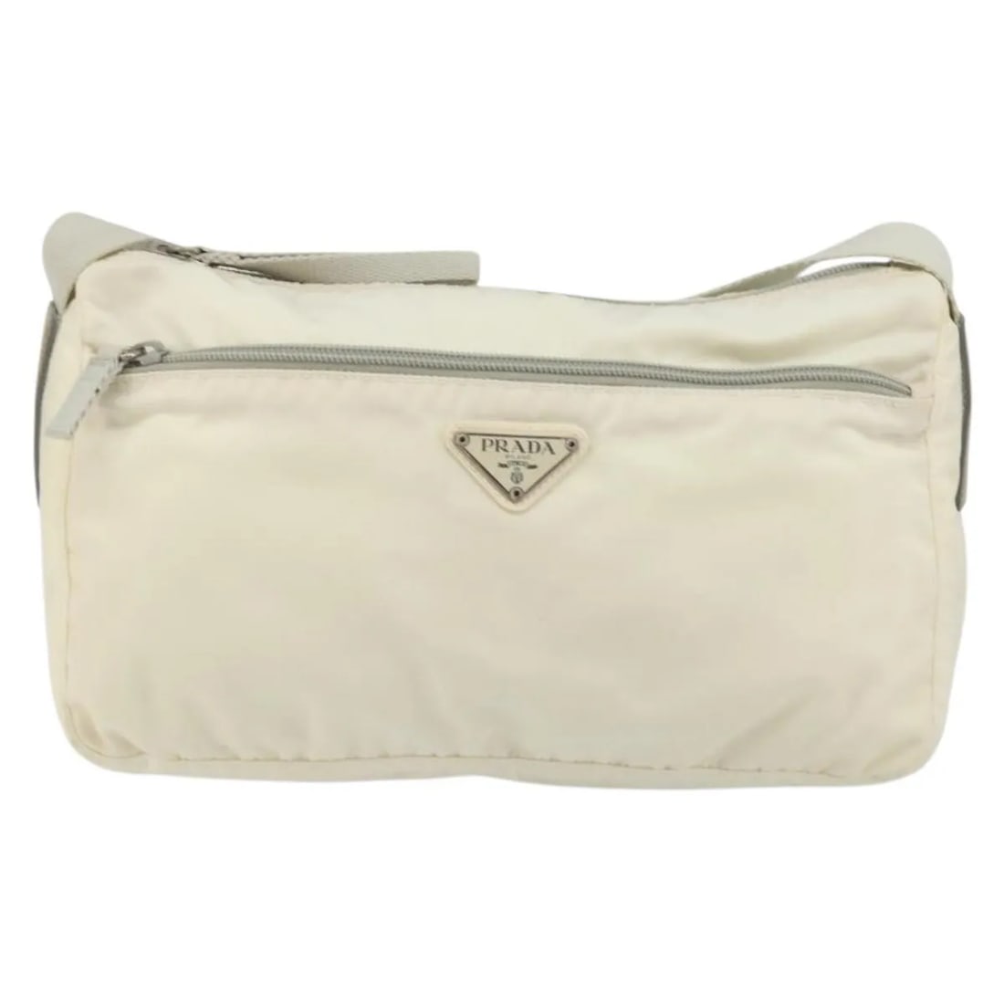Prada Tessuto White Nylon Waist Bag: Prada Tessuto White Nylon Waist Bag This Prada Zip Waist Bag is crafted from durable white nylon and designed for women. The bag features a zip closure and is made in Italy. It shows signs of use, inc