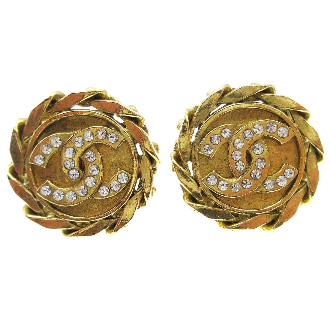 CHANEL Button Clip-On Earrings Gold Plated Rhinestone Logo (1 of 4)