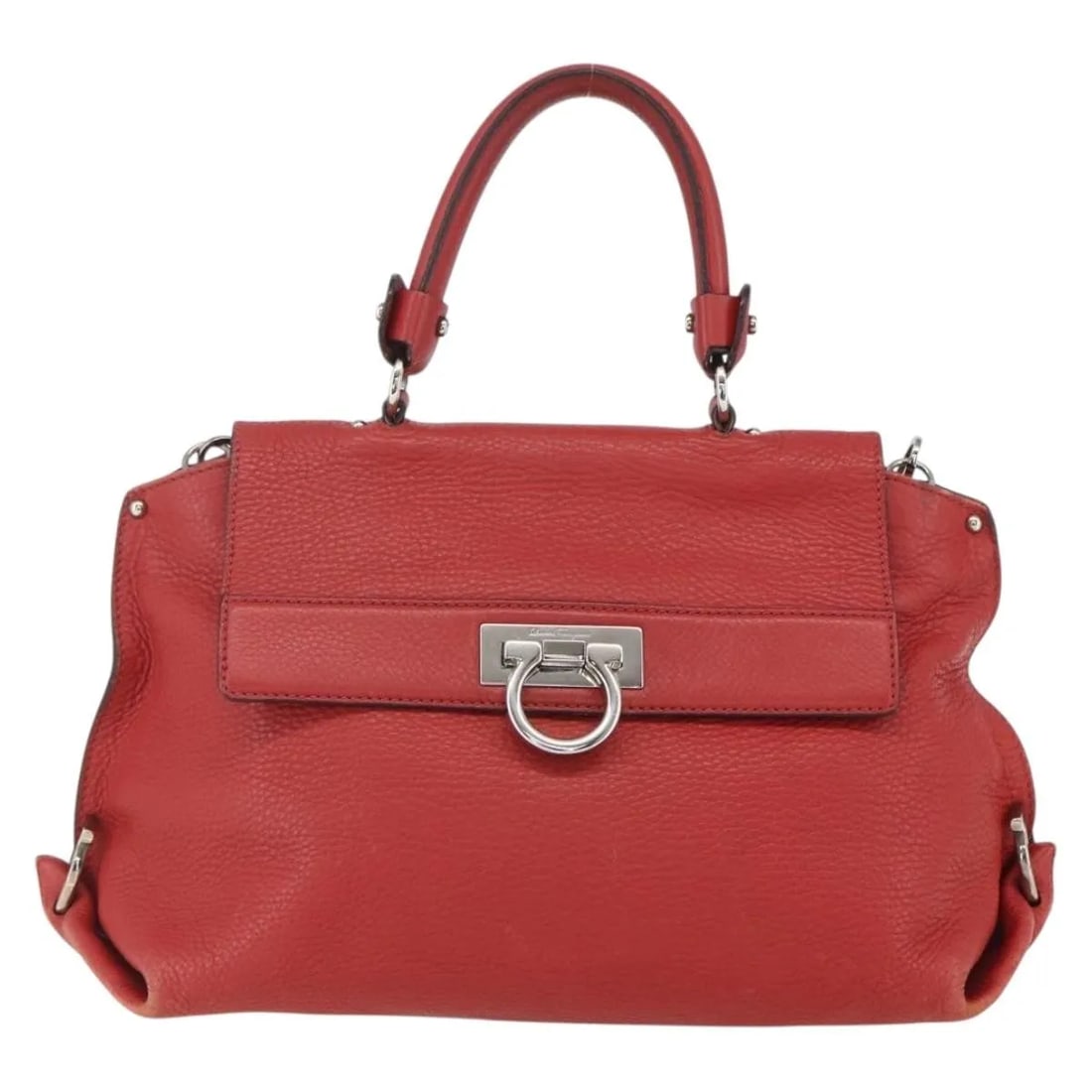 Red Grainy Leather Sofia Satchel by Salvatore Ferragamo 30cm: Red Grainy Leather Sofia Satchel by Salvatore Ferragamo 30cm This pre-owned Salvatore Ferragamo Sofia Satchel is crafted from red grainy leather and designed for women. It features metal fittings and