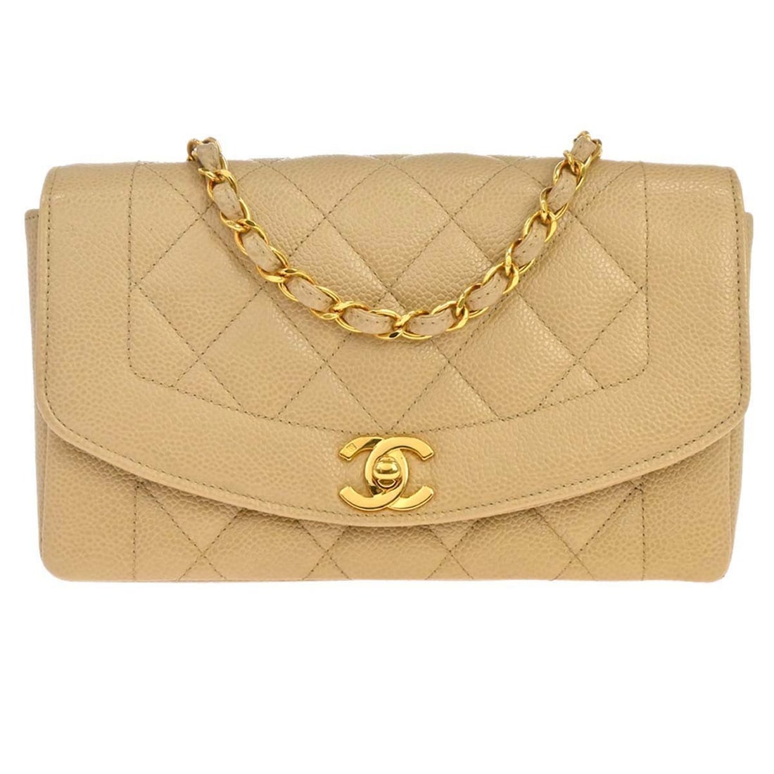 CHANEL Small Diana Shoulder Bag Beige Caviar Calfskin Chain Strap: CHANEL Small Diana Shoulder Bag Beige Caviar Calfskin Chain Strap Chanel Small Diana shoulder bag in beige caviar skin leather with a matelasse quilted design and flap turnlock closure. This women's b