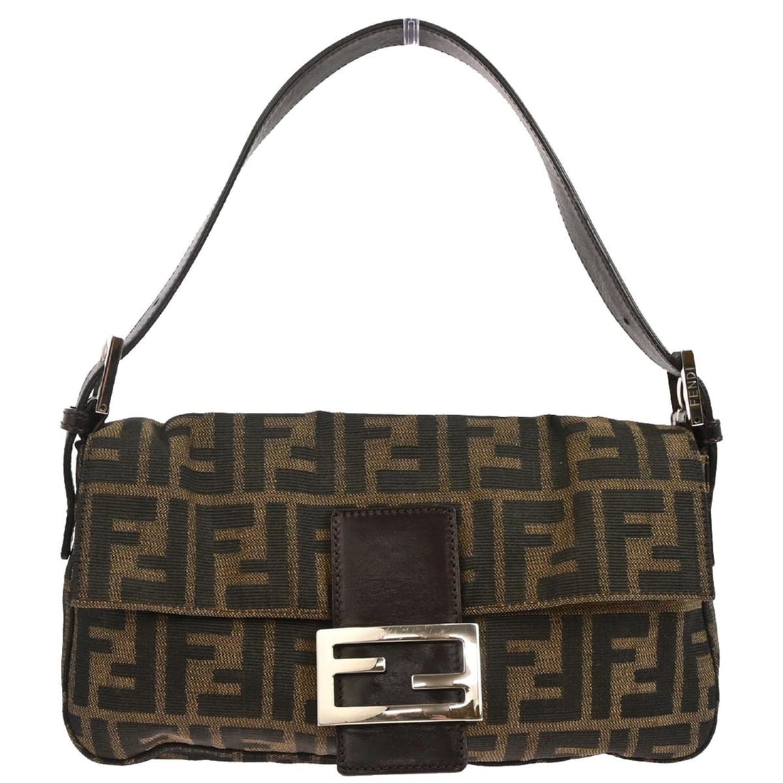 Fendi Baguette Medium Brown Zucca Canvas Shoulder Bag: Fendi Baguette Medium Brown Zucca Canvas Shoulder Bag Fendi Zucca Baguette handbag in brown and black canvas with leather trim and silver-tone hardware. This medium shoulder bag features a magnetic cl