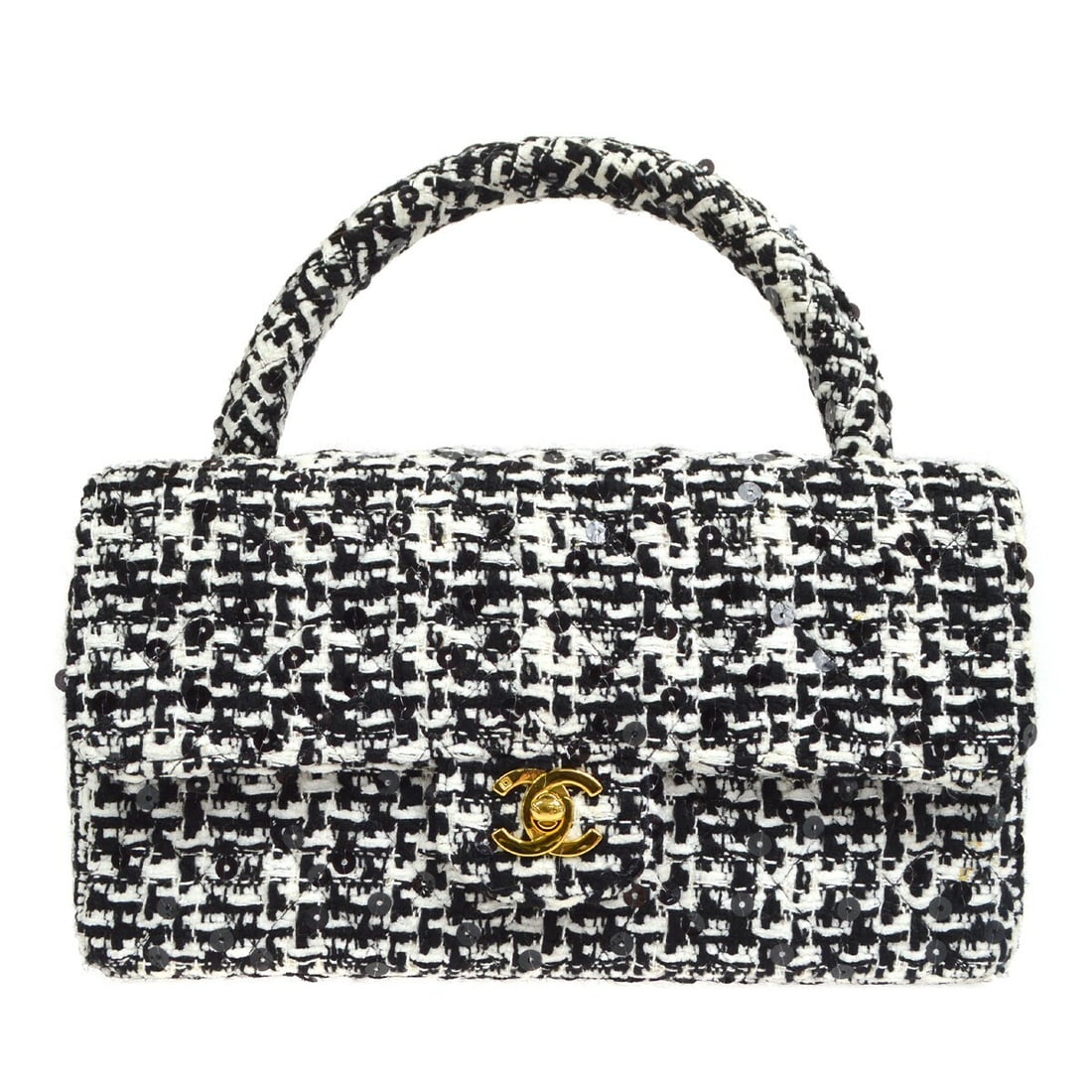 CHANEL Quilted CC Top Handle Hand Bag Tweed Sequins Black White: CHANEL Quilted CC Top Handle Hand Bag Tweed Sequins Black White Medium Chanel top handle handbag in black and white tweed with sequins and a turn-lock flap closure. The bag features a quilted matelass