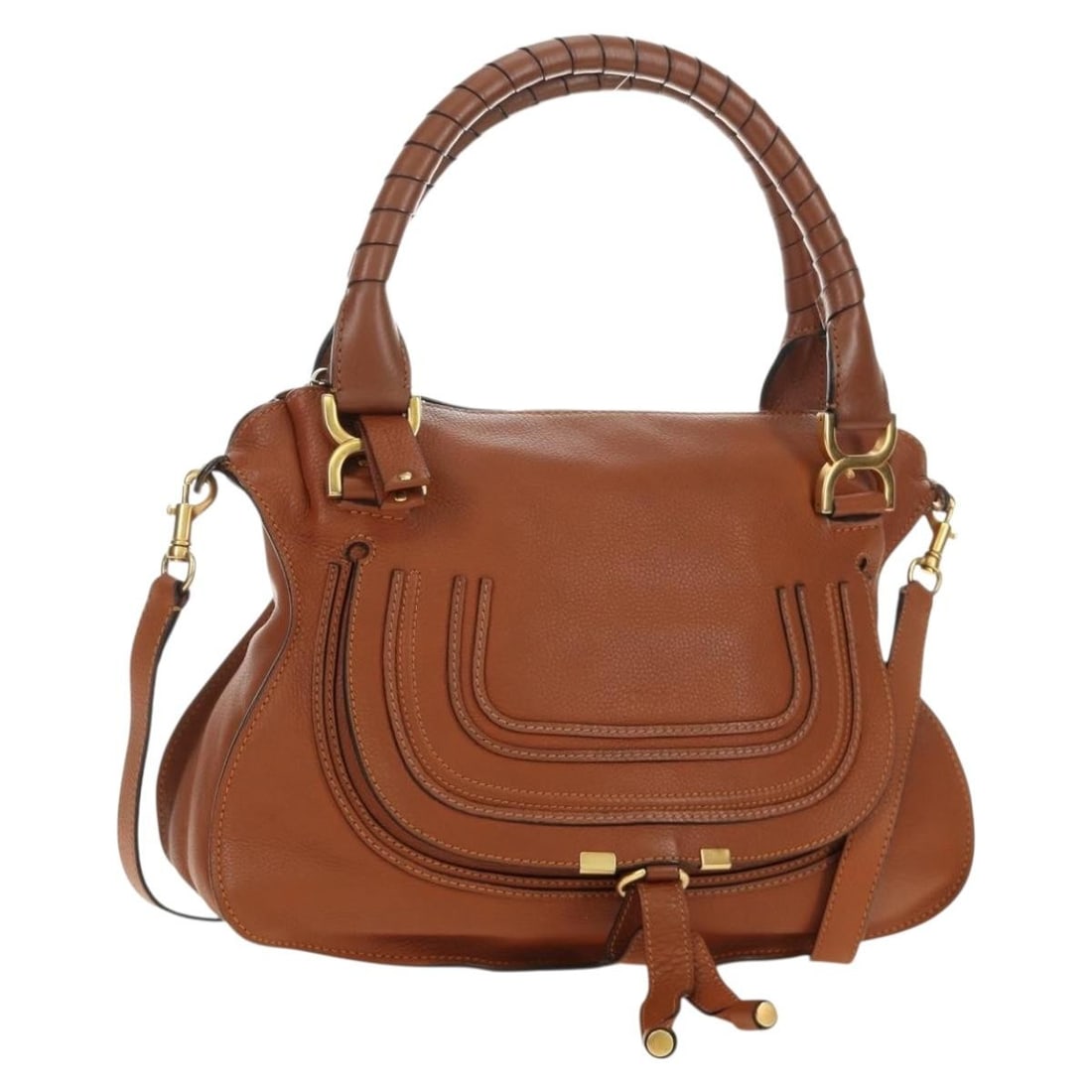 Chloe Marcie 2way Leather Handbag Brown with Strap and Dust Bag: Chloe Marcie 2way Leather Handbag Brown with Strap and Dust Bag Chloe Marcie 2-way handbag in brown leather with gold-tone accents. Made in Italy, this women's handbag includes a dust bag and shoulder