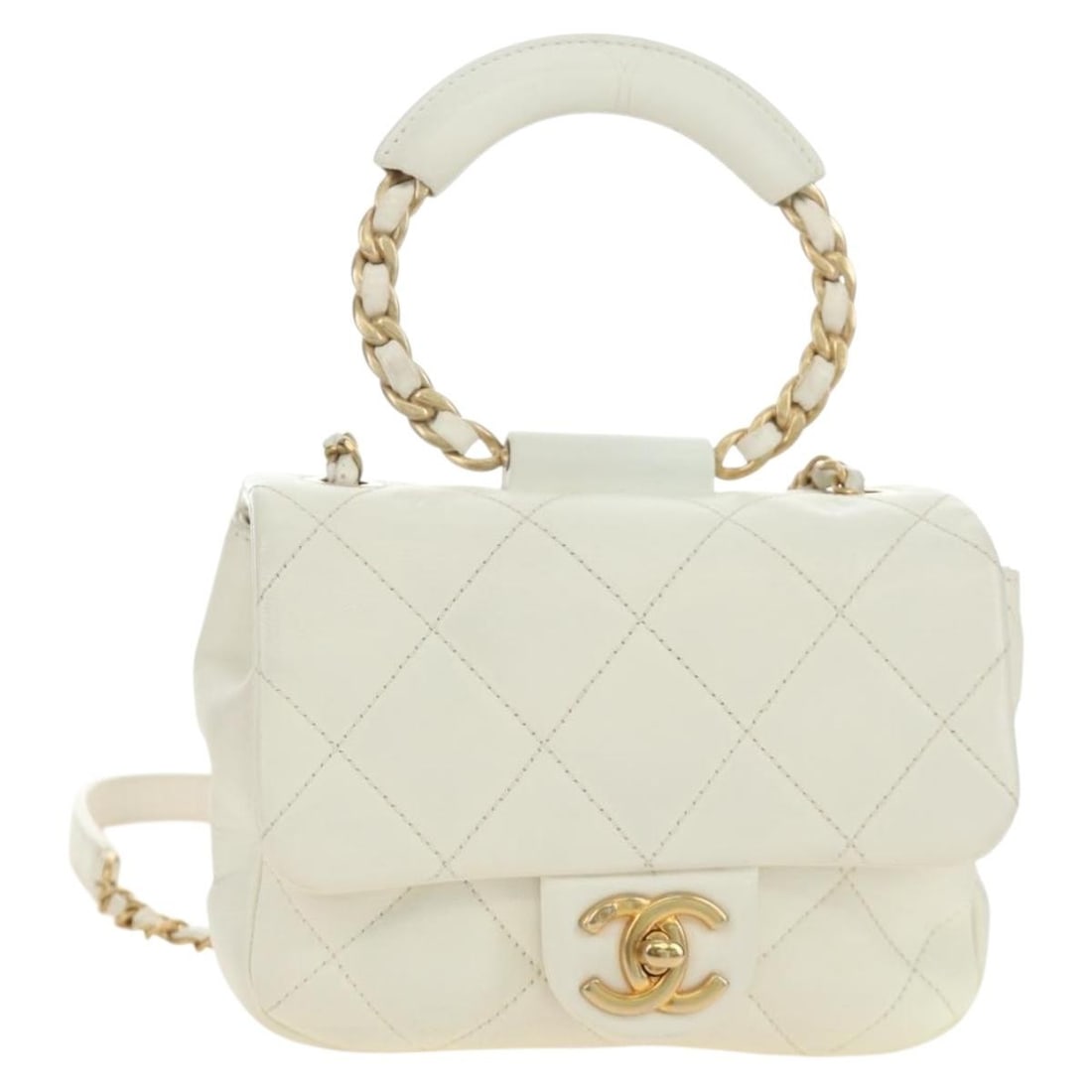 CHANEL Matelasse Leather 2way Hand Bag White Gold CC: CHANEL Matelasse Leather 2way Hand Bag White Gold CC Chanel Matelasse top handle chain bag in white and gold leather with a 2-way design. This women's handbag is made in Italy and includes the guarant