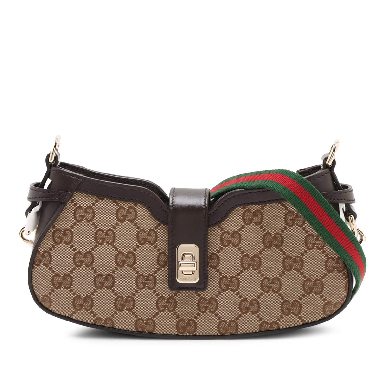 Gucci Moon Side Mini GG Canvas Shoulder Bag: Gucci Moon Side Mini GG Canvas Shoulder Bag This Gucci Mini GG Canvas Web Moon Side Shoulder Bag features a beige canvas body accented with leather trim and a signature web strap. The bag is designed 
