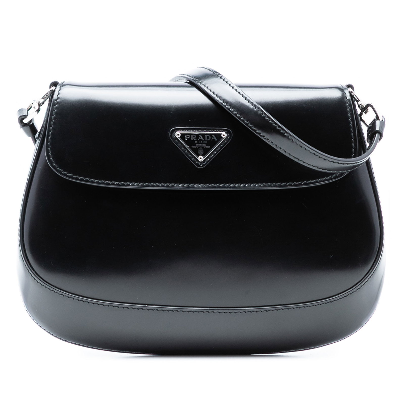 Prada Cleo black leather flap shoulder bag: Prada Cleo black leather flap shoulder bag This Prada Spazzolato Leather Cleo Flap Shoulder Bag features a sleek black leather body with a flat leather shoulder strap. The design includes a front flap