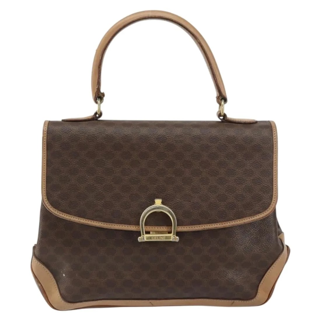 Celine Vintage Macadam Brown PVC Handbag Italy: Celine Vintage Macadam Brown PVC Handbag Italy This vintage Celine Macadam handbag is crafted from brown PVC canvas with leather details. It features a rectangular shape suitable for female use. The b