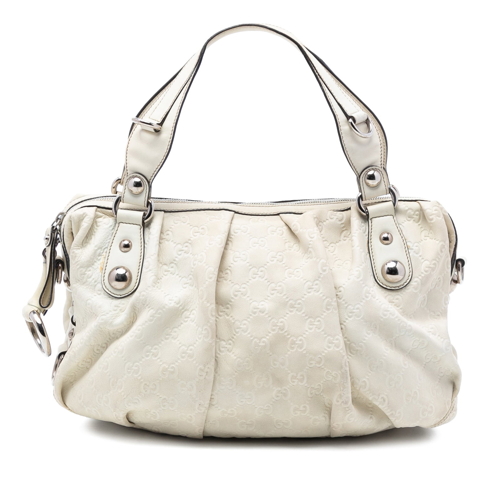 White Leather Gucci Guccissima Icon Bit Satchel with Silver Tone Hardware: White Leather Gucci Guccissima Icon Bit Satchel with Silver Tone Hardware This satchel features a white leather body with silver-tone hardware, flat leather handles, a top zip closure, and interior zi