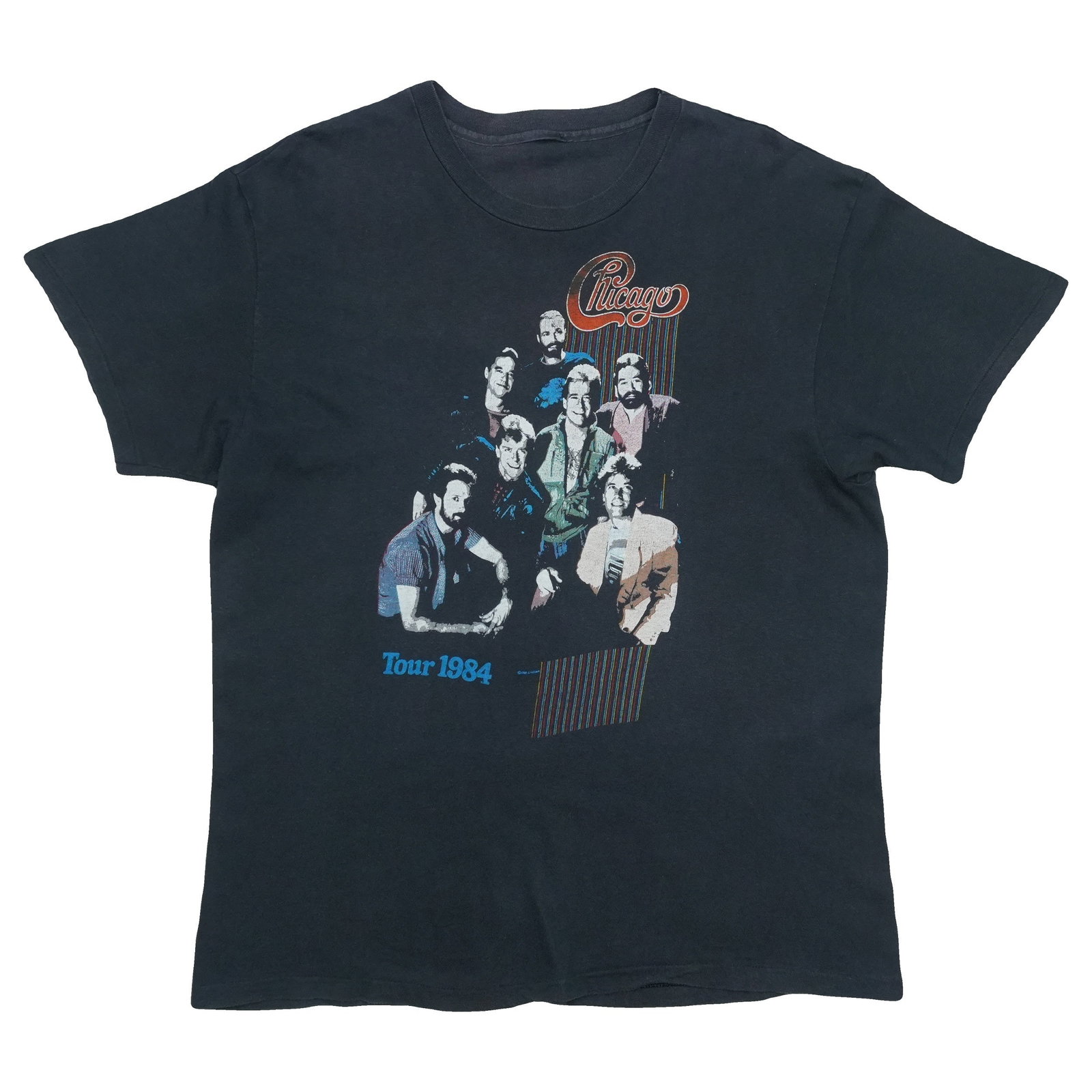 Vintage 1984 Chicago Band Black Cotton Concert T-Shirt with Front and Back Graphics: Vintage 1984 Chicago Band Black Cotton Concert T-Shirt with Front and Back Graphics This is an original vintage 1984 Chicago tour shirt, featuring front and back graphics. The shirt is made from 100% 