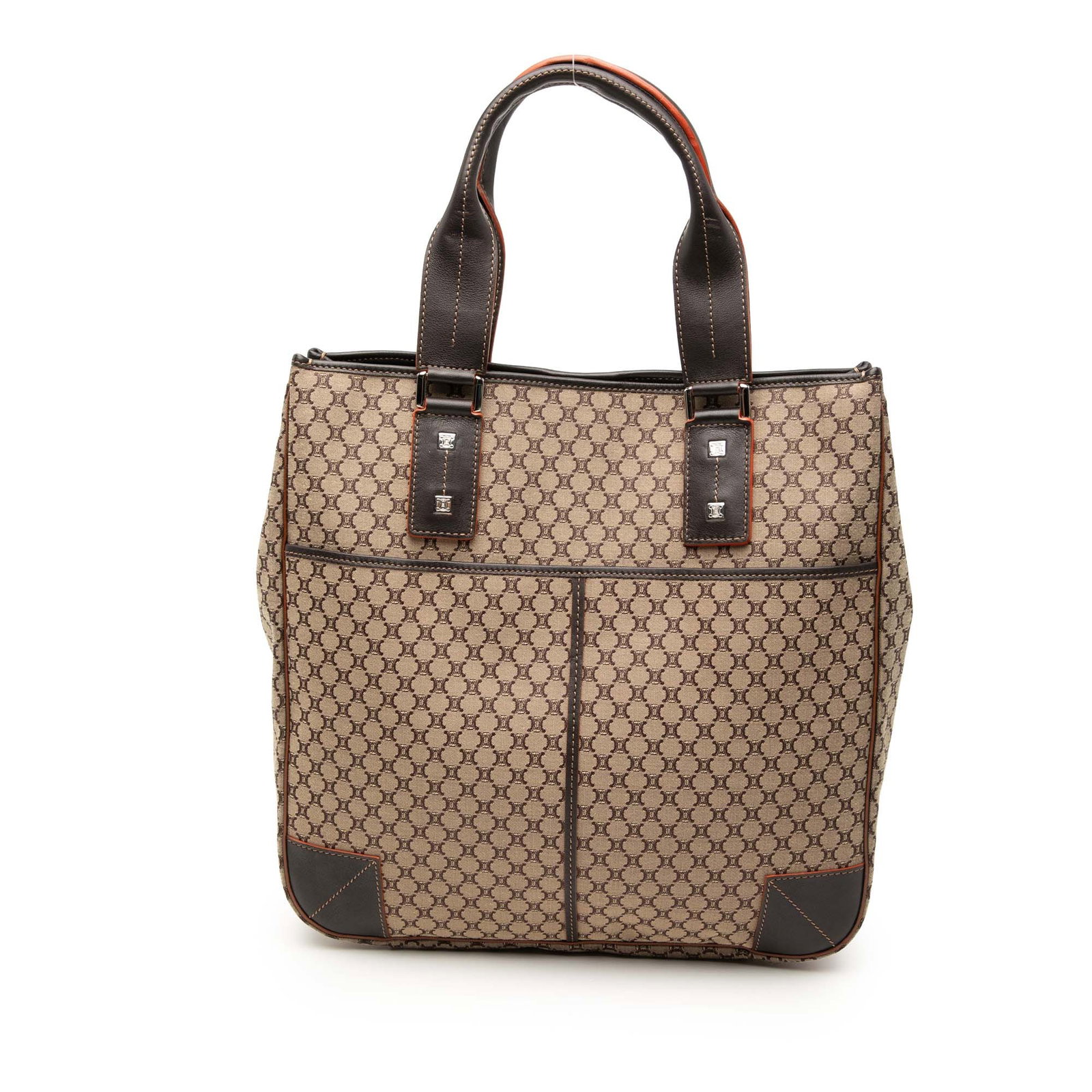 Celine Macadam Beige Canvas Tote Bag with Leather Trim: Celine Macadam Beige Canvas Tote Bag with Leather Trim This Celine Macadam Canvas Tote features a beige canvas body accented with leather trim and rolled leather handles. The bag is designed with an o