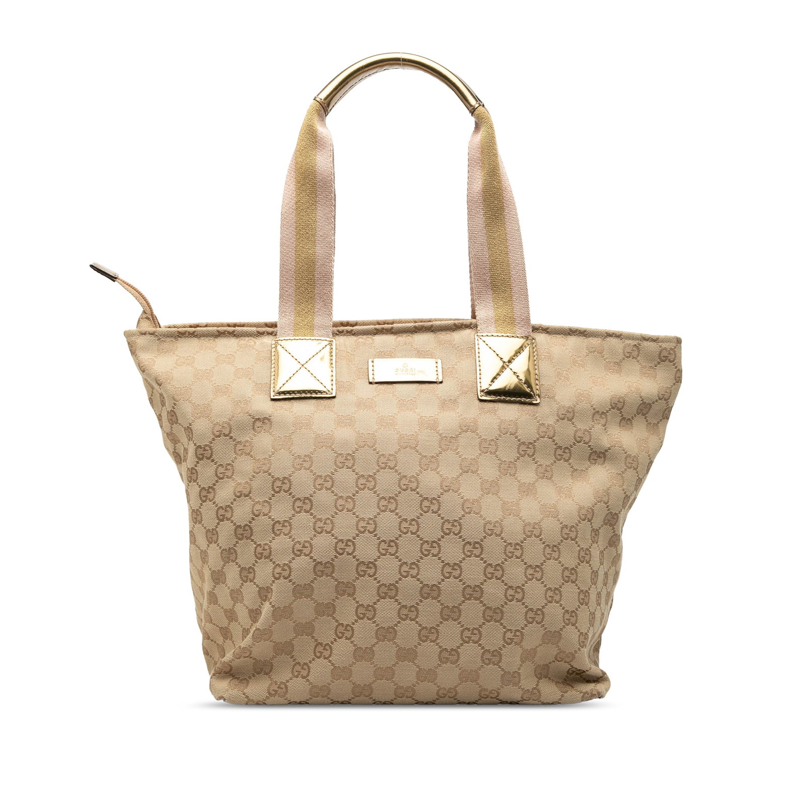 Gucci GG Canvas Beige Tote Bag with Zip Closure: Gucci GG Canvas Beige Tote Bag with Zip Closure This Gucci GG Canvas Web Tote is crafted with a durable fabric body in beige and features flat shoulder straps, a top zip closure, and both interior zip