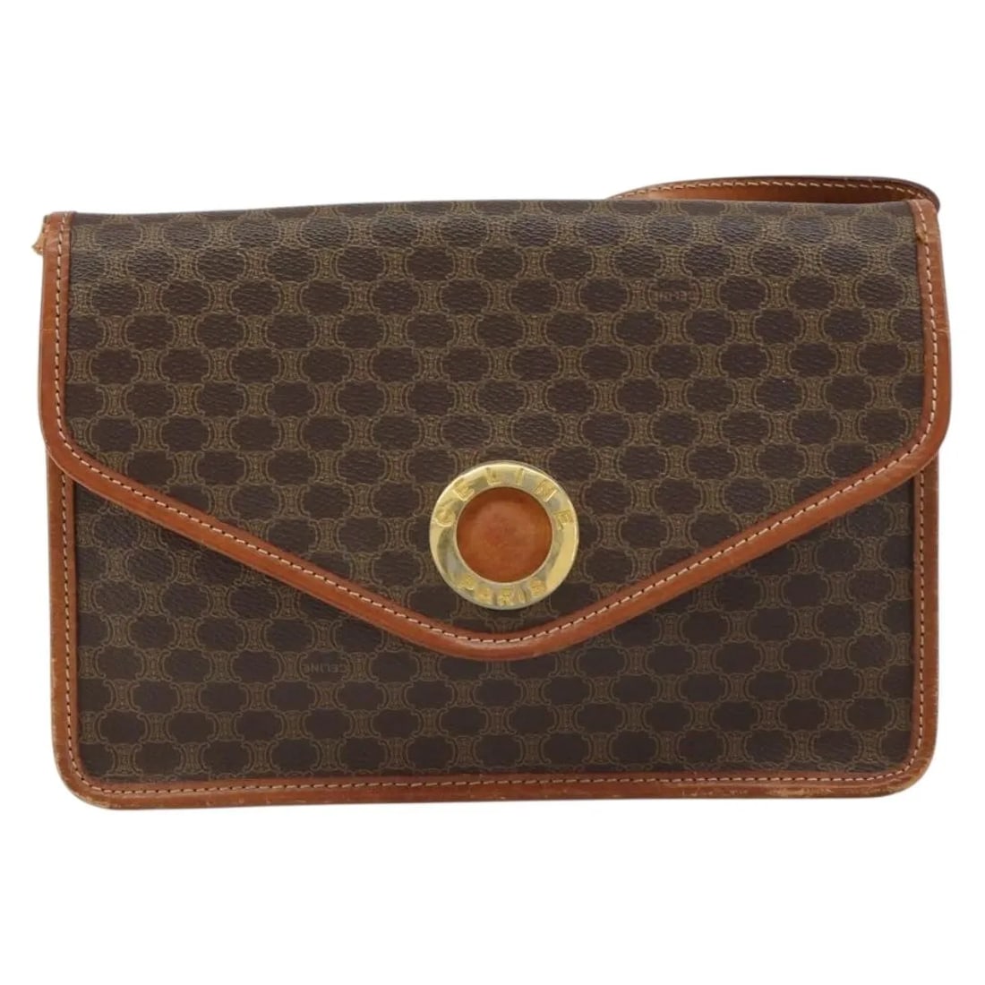 Celine Circle Logo Vintage Macadam Shoulder Bag Brown Canvas: Celine Circle Logo Vintage Macadam Shoulder Bag Brown Canvas Vintage Celine Macadam Circle Logo bag in brown canvas with leather trim. This unisex piece shows honest vintage wear consistent with age a