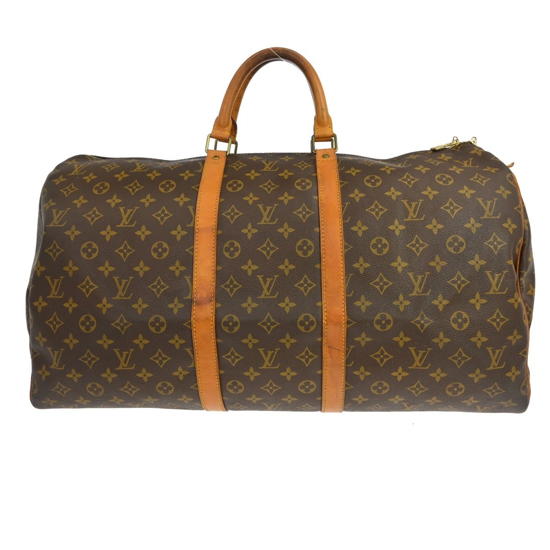 Louis Vuitton Keepall 55 Monogram Canvas Duffle Bag M41424: Louis Vuitton Keepall 55 Monogram Canvas Duffle Bag M41424 Vintage Louis Vuitton Keepall 55 travel handbag in brown Monogram canvas with leather trim and double handles. This extra-large duffle-style 