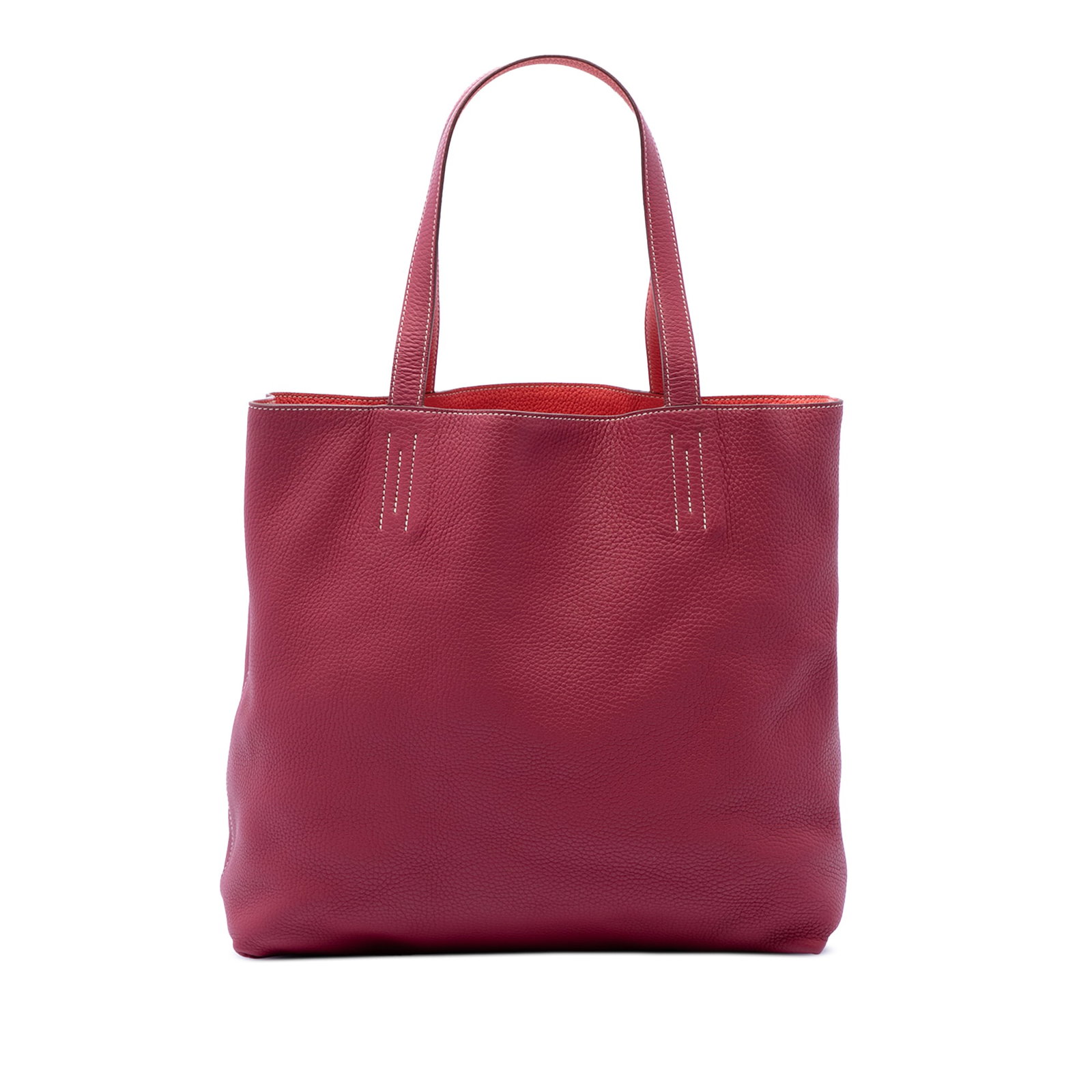 Hermes Double Sens 36 Reversible Clemence Leather Tote: Hermes Double Sens 36 Reversible Clemence Leather Tote Hermes Clemence Double Sens 36 tote bag crafted in reversible Clemence leather in Rubis and Bougainvillea. This open-top design features flat lea
