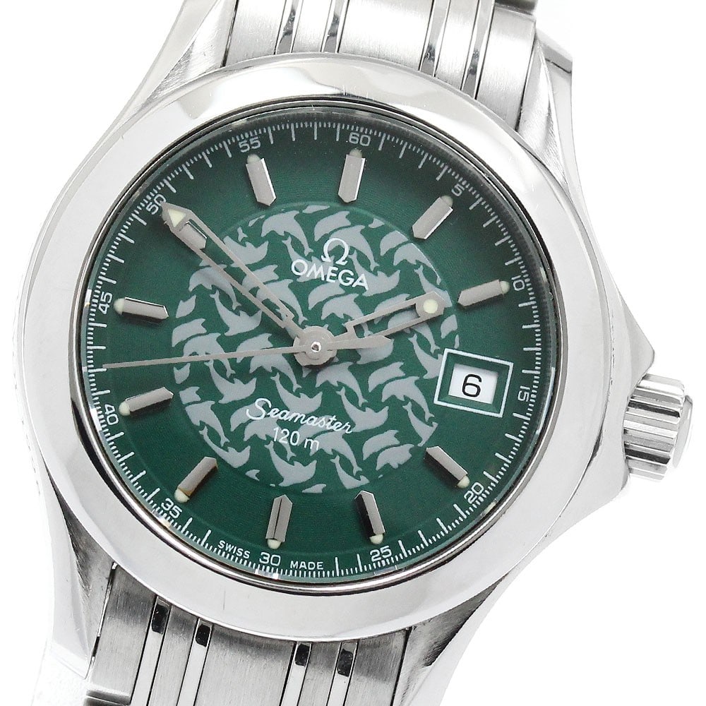 Omega Seamaster 120 Jacques Mayol 1998 Ladies Quartz Date Watch: Omega Seamaster 120 Jacques Mayol 1998 Ladies Quartz Date Watch This Omega Seamaster 120 Jacques Mayol 1998 ladies' wristwatch features a stainless steel case and bracelet with a green dial. The watch