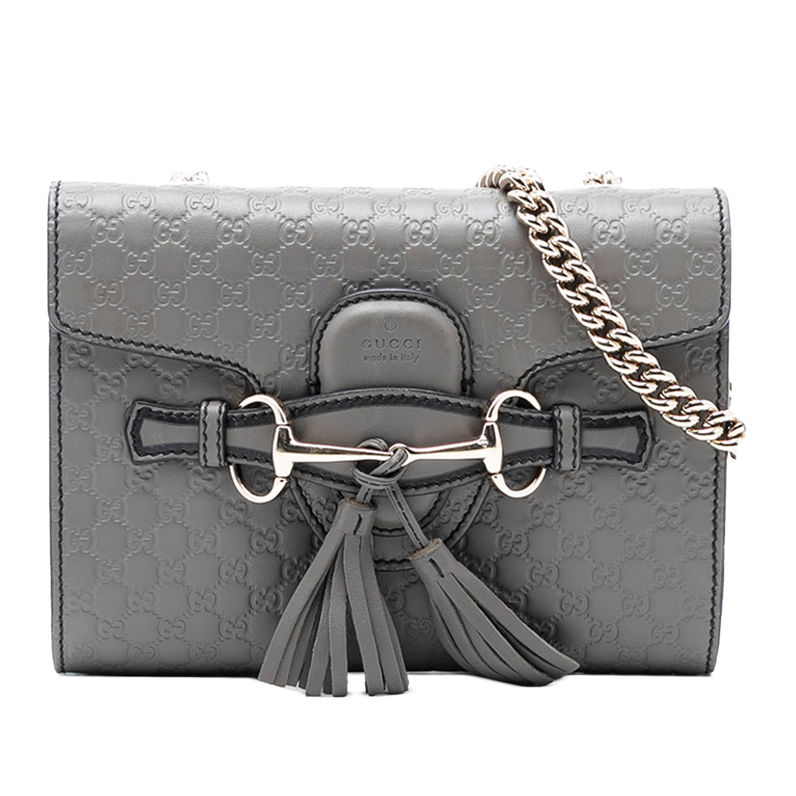 Gucci Mini Emily Crossbody Bag in Microguccissima Embossed Leather Gray: Gucci Mini Emily Crossbody Bag in Microguccissima Embossed Leather Gray This Gucci Mini Microguccissima Emily Crossbody features an embossed leather body in gray, adorned with chain link straps with a
