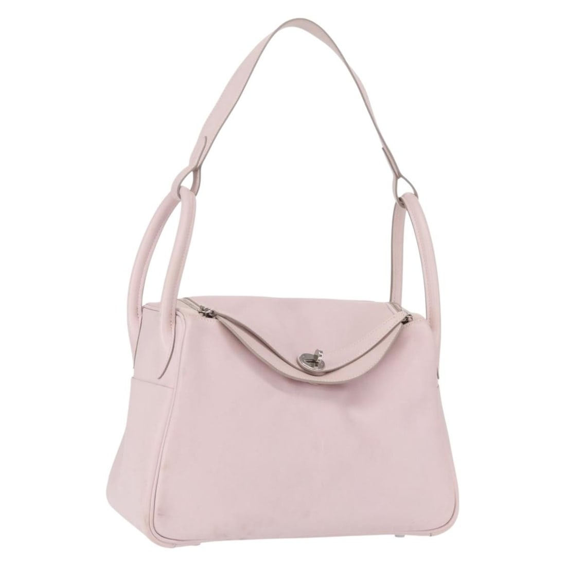 Hermes Lindy 30 Pink Leather Handbag with Silver Tone Hardware and Dust Bag: Hermes Lindy 30 Pink Leather Handbag with Silver Tone Hardware and Dust Bag This Hermes Lindy 30 handbag features a pink leather exterior with silver-tone hardware. The bag includes a handle with an a