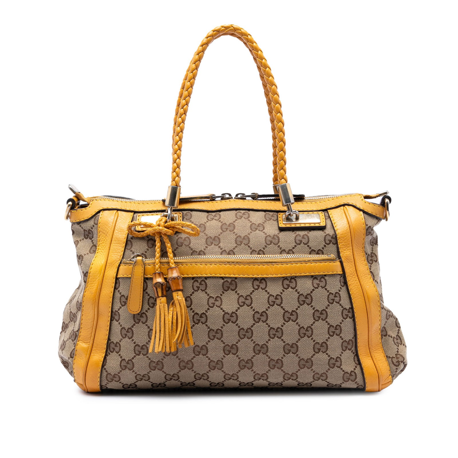 Gucci Bella GG Canvas Satchel Bag: Gucci Bella GG Canvas Satchel Bag This Gucci GG Canvas Bella Satchel features a beige canvas body with leather trim, accented by a tassel and braided leather handles. The satchel offers a top zip clos
