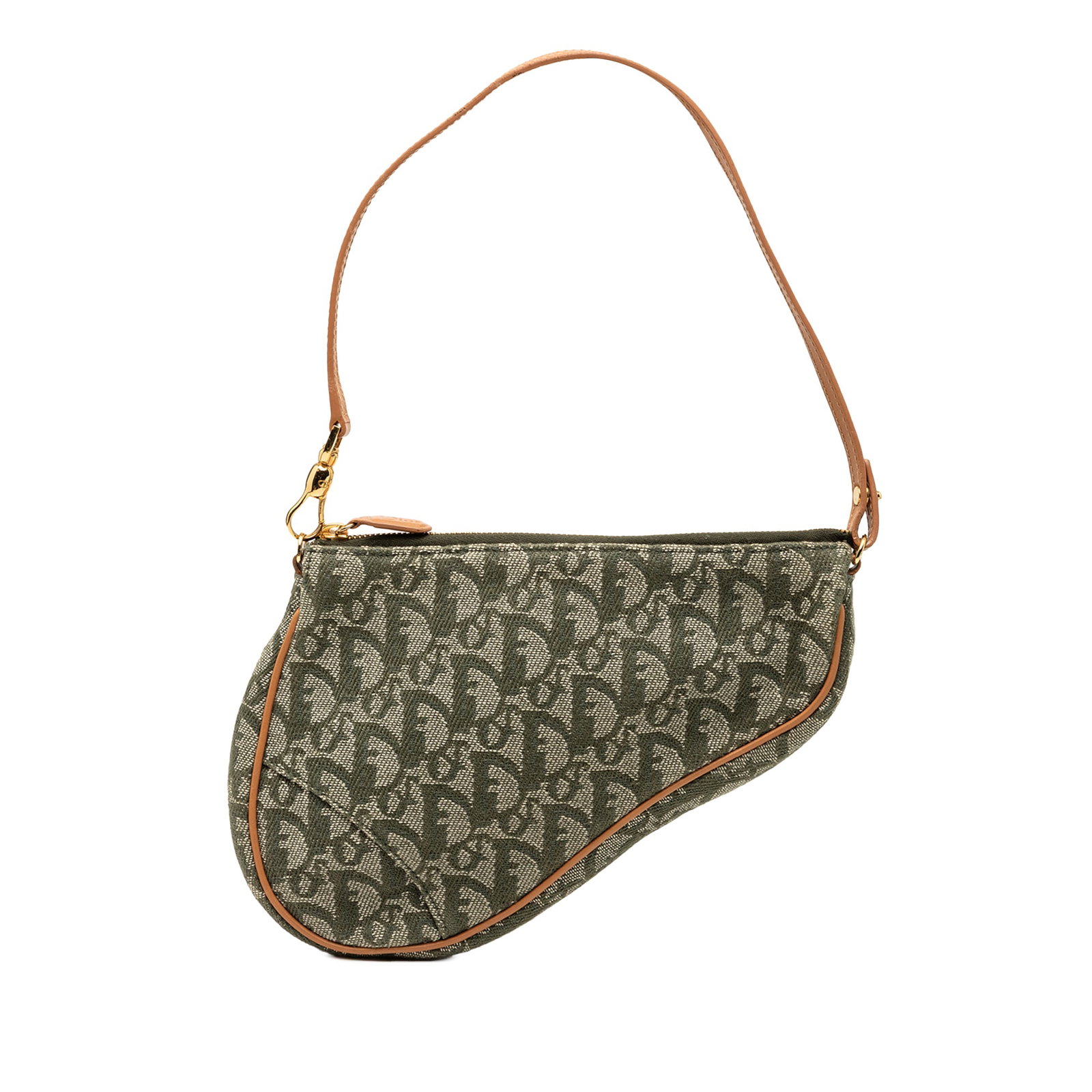 Dior Mini Diorissimo Green Canvas Saddle Pochette with Leather Trim: Dior Mini Diorissimo Green Canvas Saddle Pochette with Leather Trim This Mini Diorissimo Canvas Saddle Pochette features a canvas body with leather trim, a flat leather handle, and a top zip closure. 