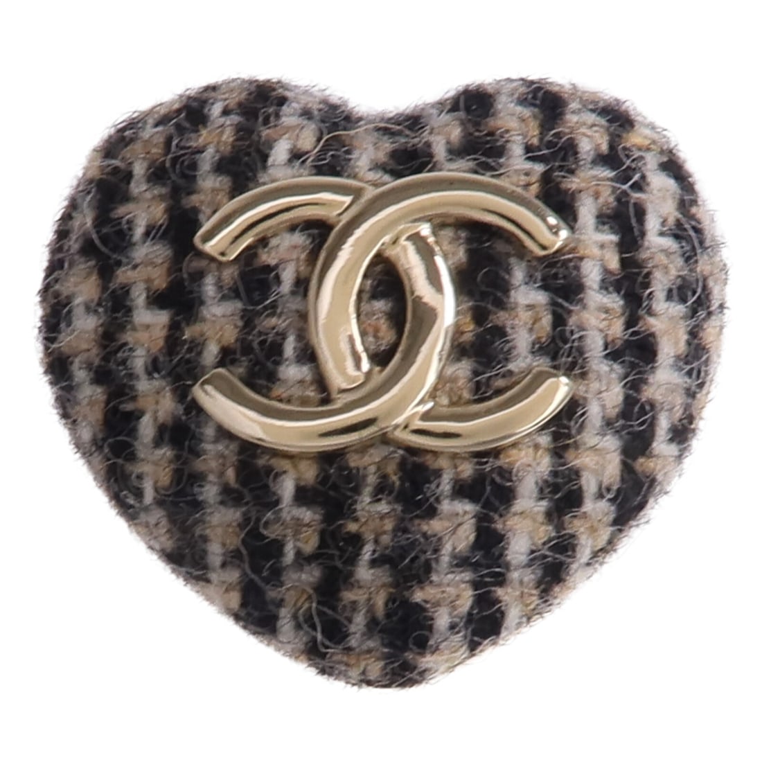CHANEL Gold Tweed CC Fashion Brooch: CHANEL Gold Tweed CC Fashion Brooch This CHANEL brooch features the iconic CC logo in a sophisticated design with gold, black, and brown tones and a tweed-inspired texture. Crafted for women, this acc