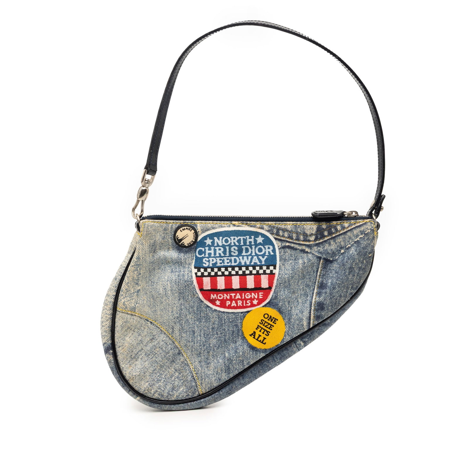 Dior Speedway Saddle Pochette denim mini shoulder bag: Dior Speedway Saddle Pochette denim mini shoulder bag This Dior Mini Canvas Printed Denim Speedway Saddle Pochette is crafted in blue denim fabric and features a flat leather handle with a top zip clo