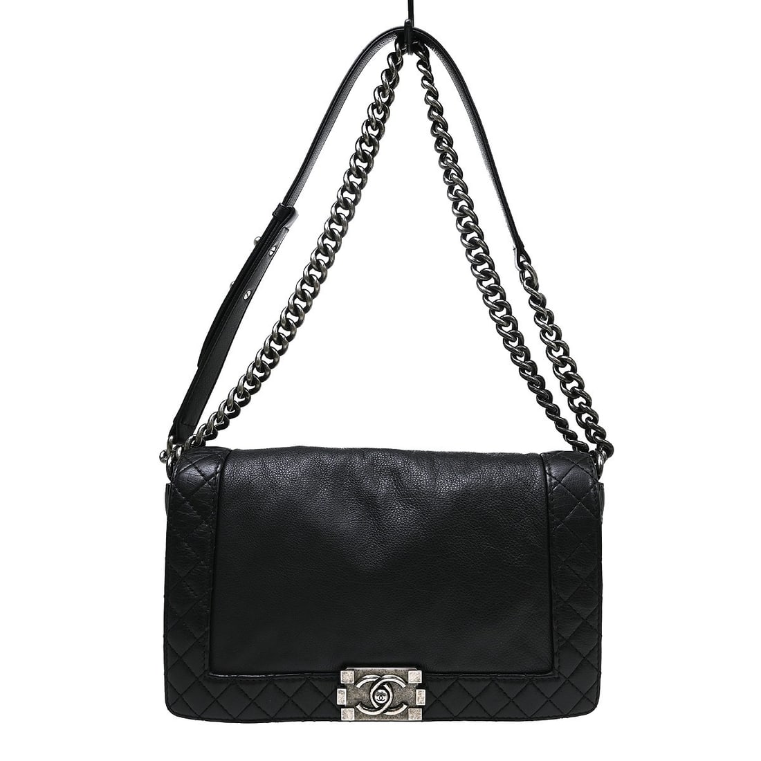 CHANEL Boy Medium Black Lambskin Shoulder Bag Push Lock: CHANEL Boy Medium Black Lambskin Shoulder Bag Push Lock Vintage Chanel Boy medium shoulder bag in black lambskin with a push-lock closure and quilted lock accents. This women's shoulder bag features a