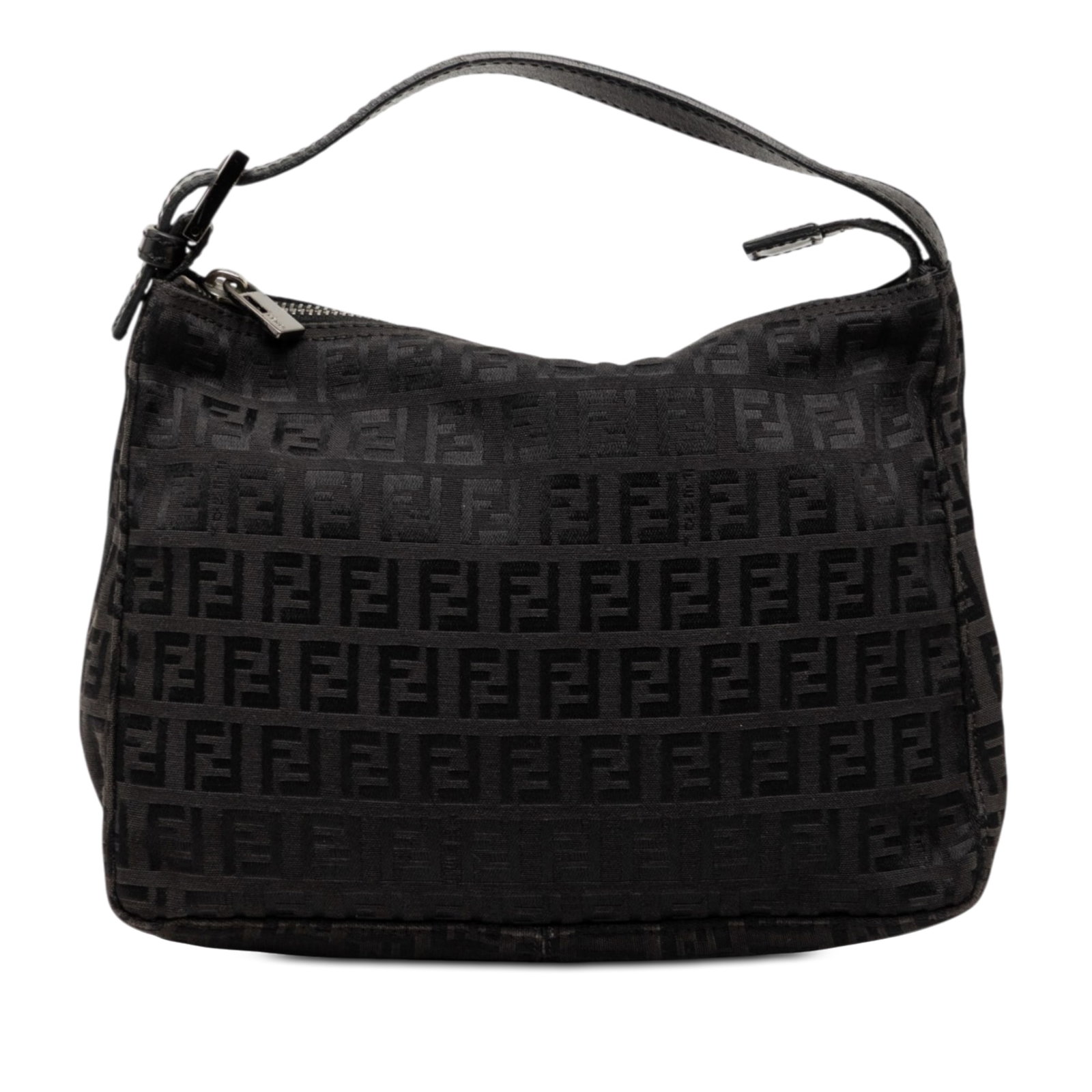 Fendi Zucchino black canvas zip-top handbag: Fendi Zucchino black canvas zip-top handbag This Fendi Zucchino Canvas Handbag features a classic canvas body with the signature Zucchino pattern, complemented by a flat leather handle and a secure to