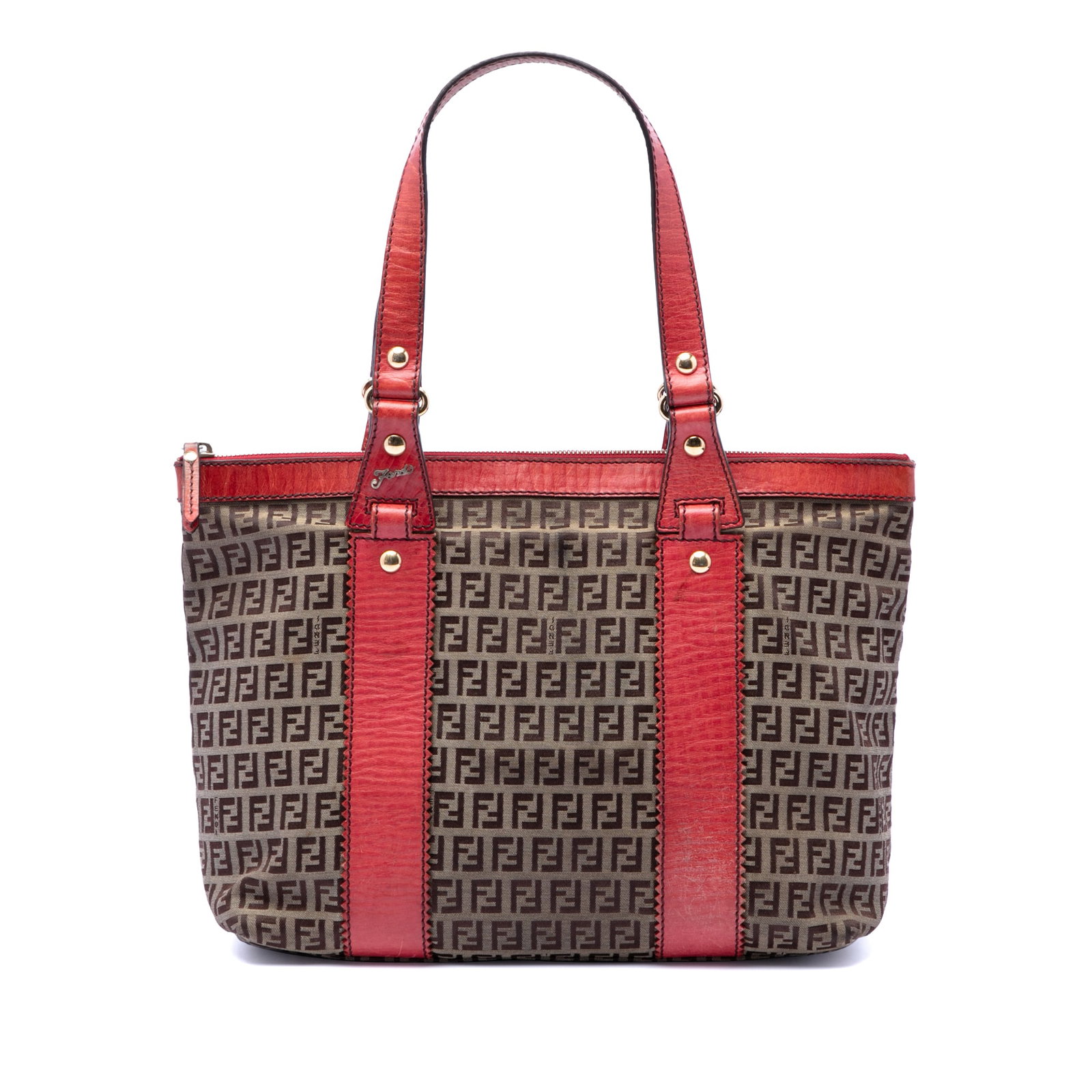 Fendi beige canvas tote with leather trim and zip closure: Fendi beige canvas tote with leather trim and zip closure This Fendi Zucchino Canvas Tote features a beige fabric body with leather trim, flat leather shoulder straps, a top zip closure, and an interi
