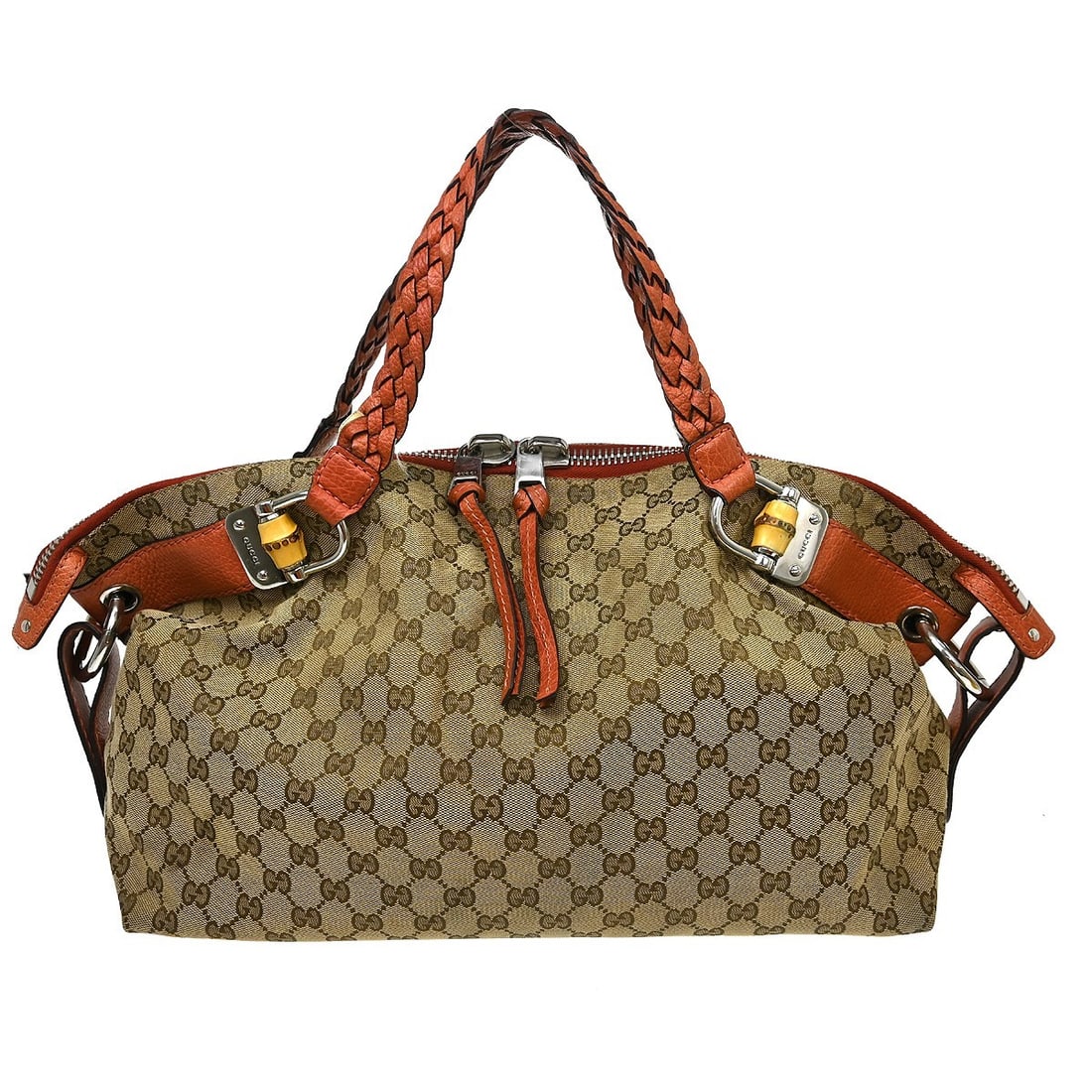 Gucci Bamboo Medium Tote in Beige GG Canvas and Leather: Gucci Bamboo Medium Tote in Beige GG Canvas and Leather Vintage Gucci Bamboo GG tote bag in beige canvas and leather with brown lining and bamboo detailing. This medium tote is made in Italy and featu