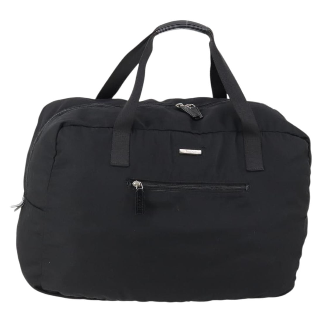 GUCCI Black Silver Nylon Boston Bag 012 0389 Authentic: GUCCI Black Silver Nylon Boston Bag 012 0389 Authentic Introducing the GUCCI Boston Bag, a stylish and versatile accessory that exemplifies Italian craftsmanship. This bag is crafted from durable nylo