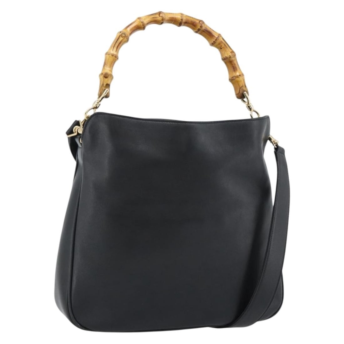 Gucci 001 1638 2058 leather 2way shoulder bag with strap black: Gucci 001 1638 2058 leather 2way shoulder bag with strap black Gucci bamboo 2-way shoulder bag in black leather with gold-tone accents. This women's bag includes a shoulder strap and can be carried by