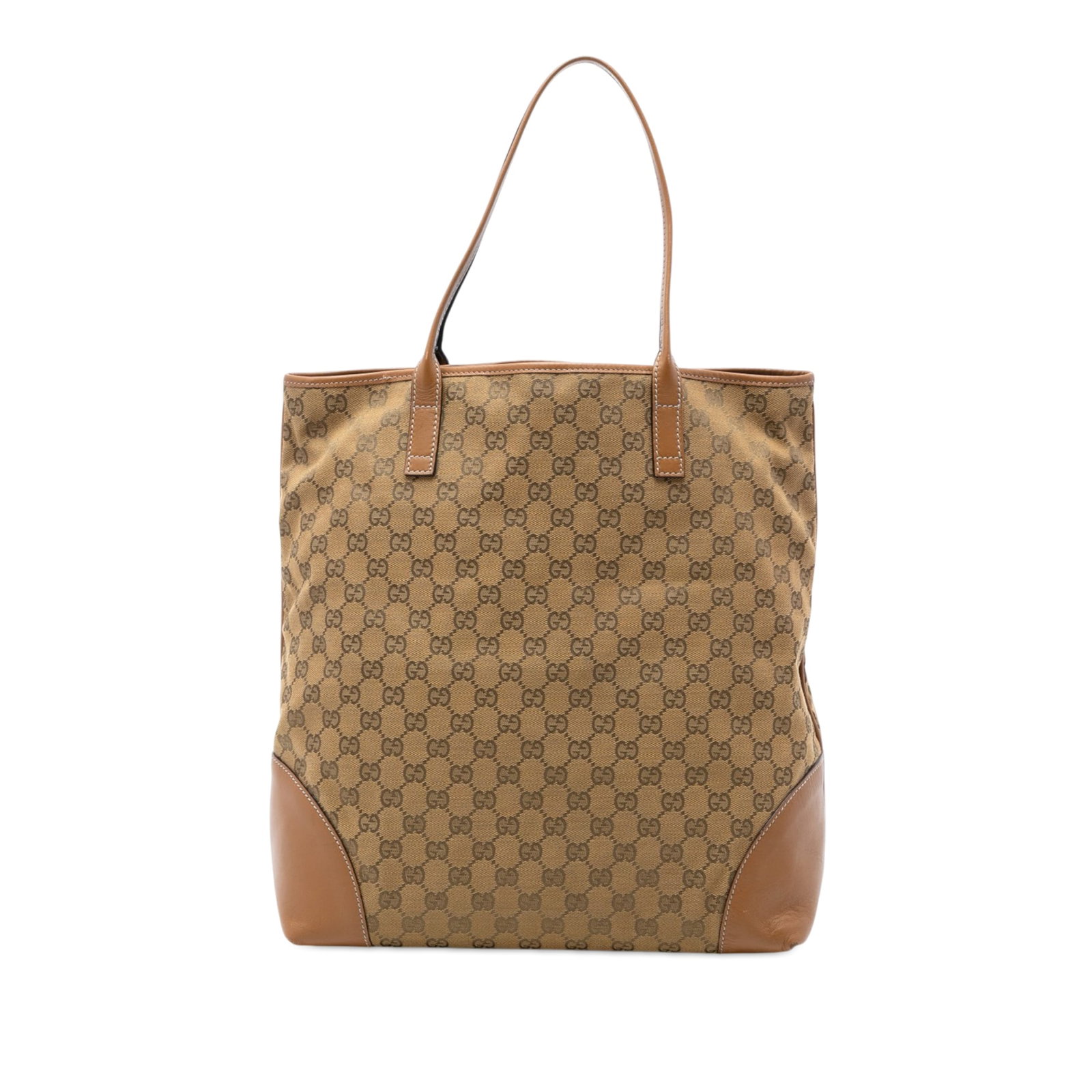 Gucci GG Canvas Brown Tote Bag Leather Trim: Gucci GG Canvas Brown Tote Bag Leather Trim This Gucci GG Canvas Tote features a durable canvas body with leather trim, flat leather straps, an open top, and an interior zip pocket. The bag is designe
